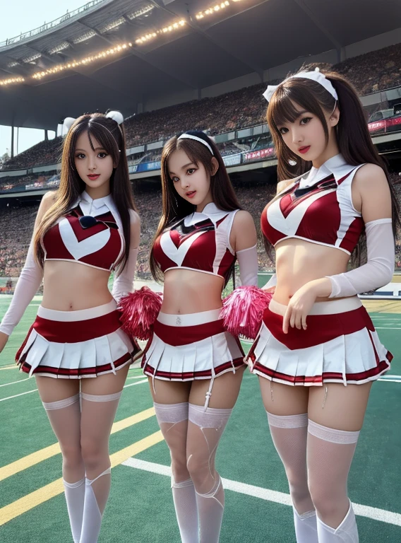 masturbation, (masterpiece, highest quality), 2 girls, twin tail long hair with beautiful faces, topless, exhibiting ample big breasts, clad in pantyhose that accentuate their shapely legs.,photo, cheer leader. panty lift off.