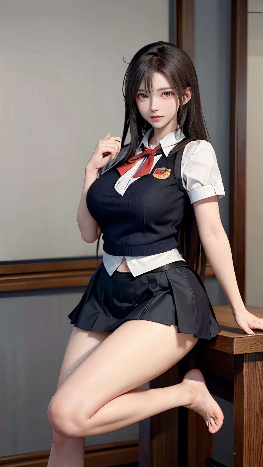 (masterpiece), (best quality), 1girl, beautiful girl, simple background, school uniform, big breast, sexy, fishnet leggings