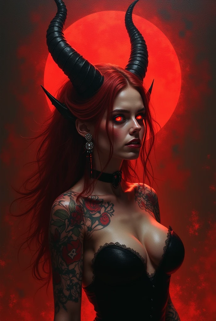 horror-themed Wide angle digital illustration, (Demonic female character with dark ash-gray face:1.3), Symmetrical composition, Cracked stone texture, Golden veins, (Red luminescent eyes:1.3), Several twisted horns, Intricate golden metallic details, (Golden veins on neck and shoulders:1.2), Gothic architectural background, Bluish light from top center, (Ominous atmosphere:1.2), Deep shadows, Highlighted facial features, Sinister expression, Realistic digital art, Fantastic influence, eerie, unsettling, dark, spooky, suspenseful, grim, highly detailed