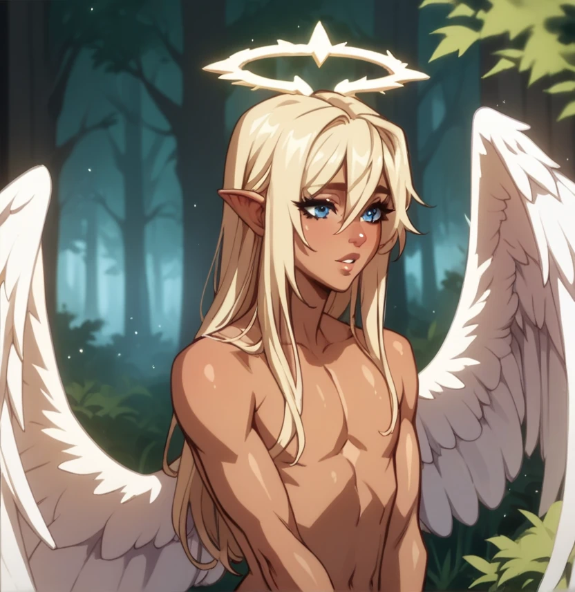 young age man with long blonde wavy hair, semi round face, golden eyes, big smile, cute, with white angel wings, naked showing his cock
