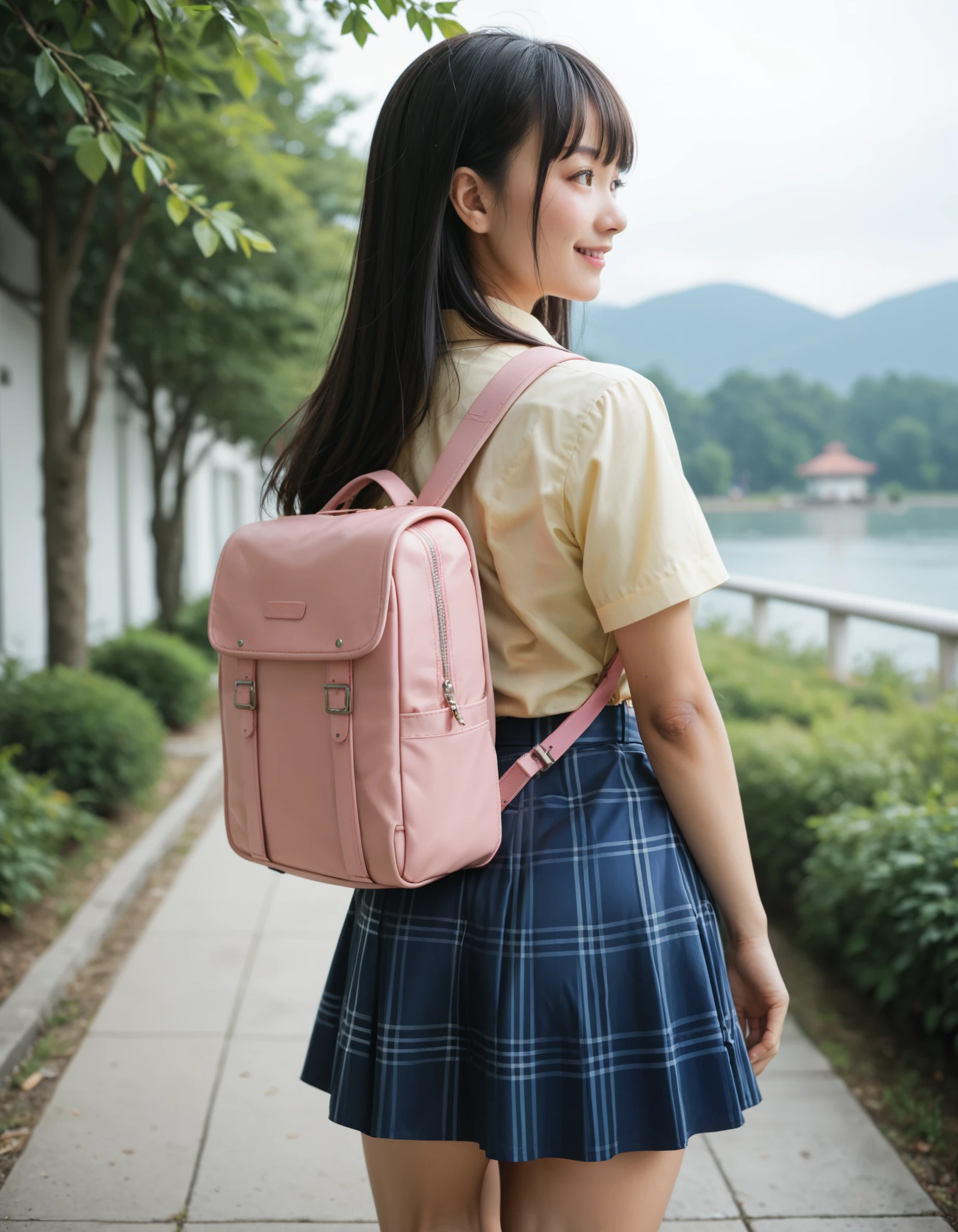 Masterpiece, hd, best quality, closed mouth, light smile, asian, light blush, long hair, bangs, black hair, yellow eyes, wearing white collared shirt, short sleeves, blue skirt, plaid skirt, wearing black belt, outdoor, smile, standing, cowboy shot, wearing backpack, pink backpack, kanken backpack, from behind, back view