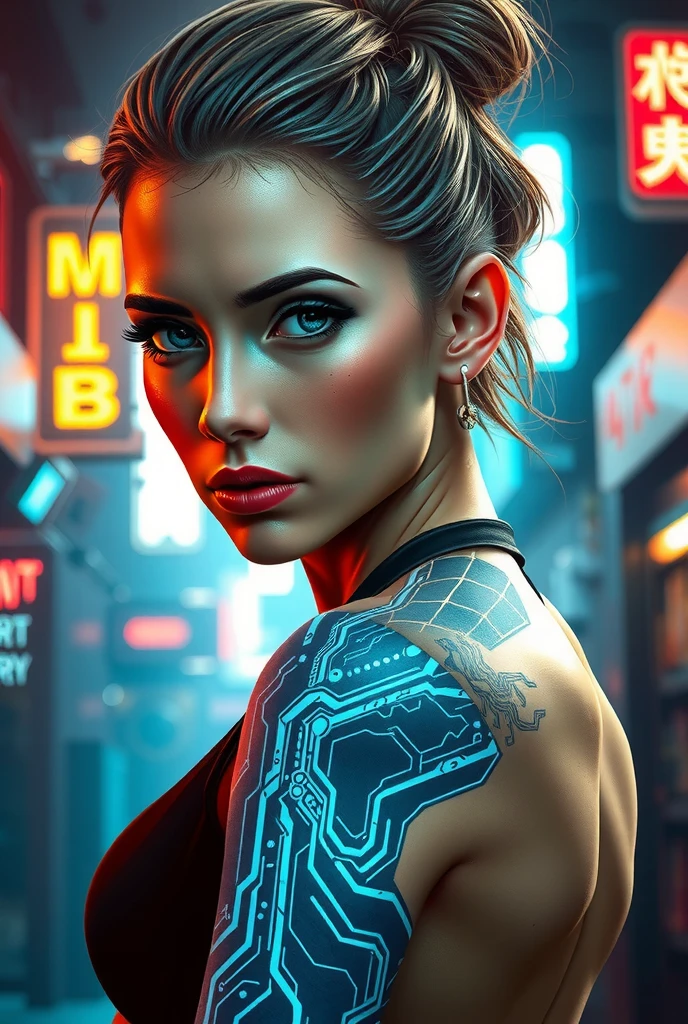 A close-up view of a detailed cyberpunk-themed back tattoo，Tattoo located in the center of the back，Starts from the upper trapezius muscle and extends to the waist，Design includes gears，Digital circuits，Elements and future urban landscapes，It reflects the fusion of mechanical and digital aesthetics in the cyberpunk genre，Colors include neon blue，Purple and metallic silver outline，The surrounding skin is clean and healthy，Presents a sharp contrast between organic and inorganic elements