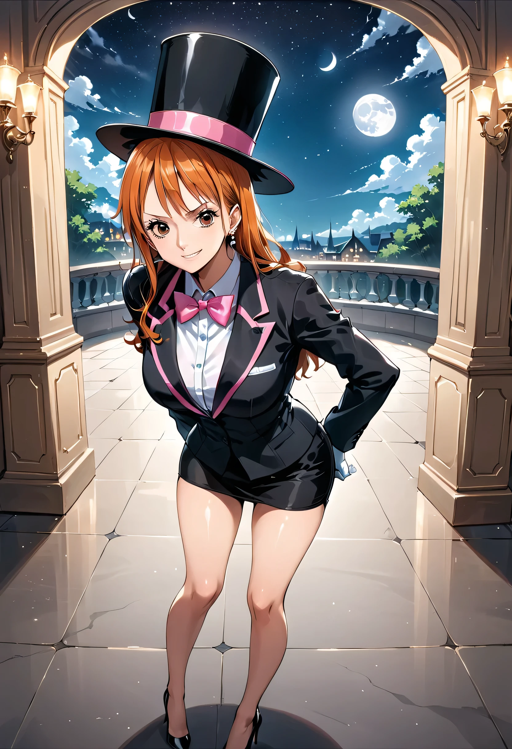 (hdr, best quality, 2k), solo, 1girl, nami, ((one piece)), long orange hair, earrings, brown eyes, sleek legs, (((oversized black silk top hat with pink trim))), (((black tuxedo with pink trim, long sleeved))), ((dark pink bowtie)), (((black miniskirt with pink trim))), ((black high heels)), ((white gloves)), (smiling, coy, confident), (dapper), posing in a marble courtyard, (night scene, starry background, full moon in the sky), standing with both hands behind back, (glamorous pose),  close up shot, facing the viewer