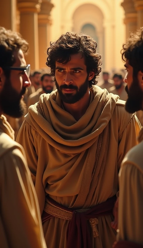 30 year old young man, with camel hair jewish clothing, speaking to a crowd of Jews