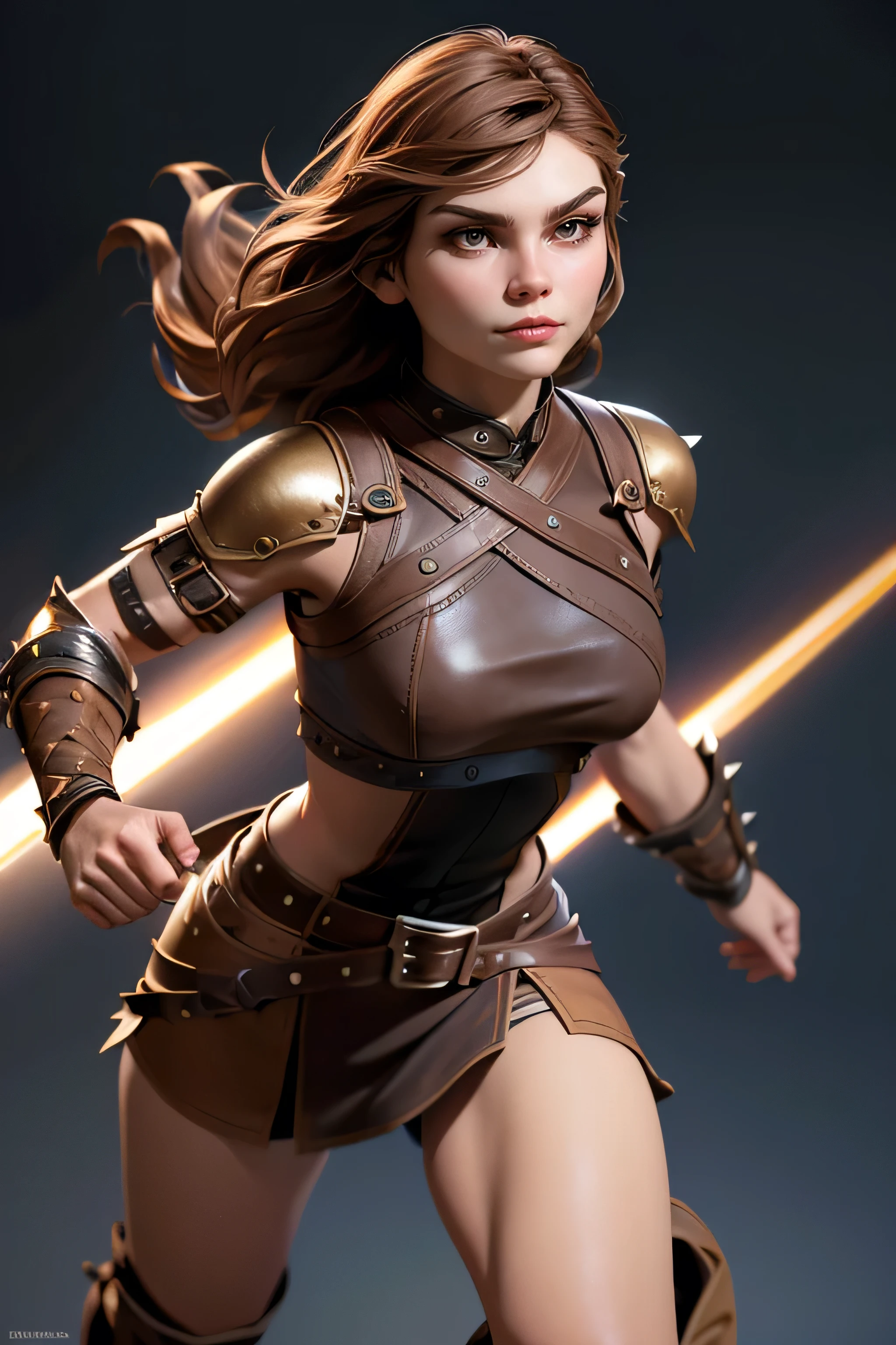  Young Viking woman , warrior, short brown hair, thick eyebrows, brown eyes, brown leather armor,  strappy leather top , fur skirt, fierce expression, heroic stance, Looking at the camera, fierce expression,  masterpiece , super detail,  lyrics,  composition epic character,  natural lighting ,  sharp focus,  ultra resolution ,  plain white background , without patterns, No textures.