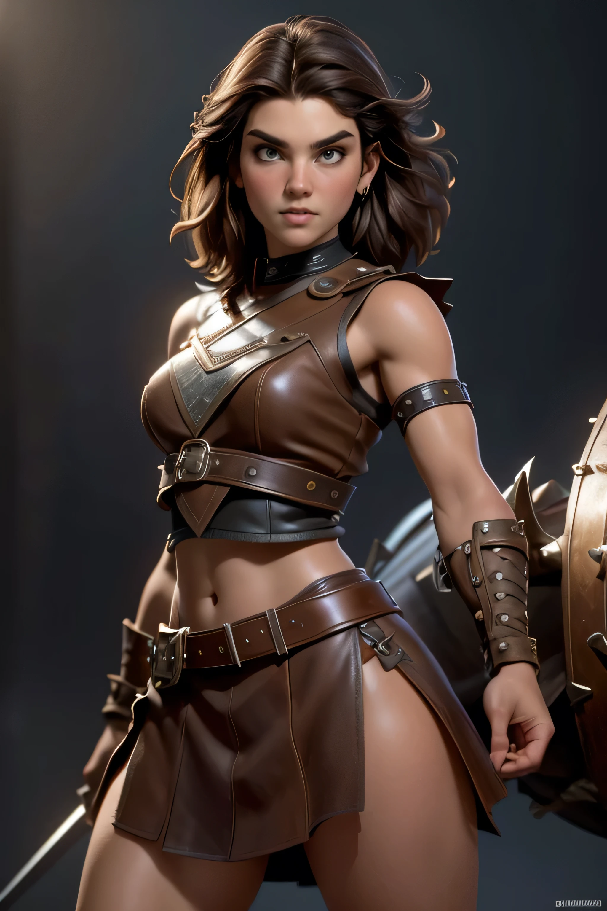 Young Viking woman , warrior, short brown hair, thick eyebrows, brown eyes, brown leather armor, strappy leather top , fur skirt, fierce expression, heroic stance, Looking at the camera, fierce expression, masterpiece , super detail, lyrics, composition epic character, natural lighting , sharp focus, ultra resolution , plain white background , without patterns, No textures.