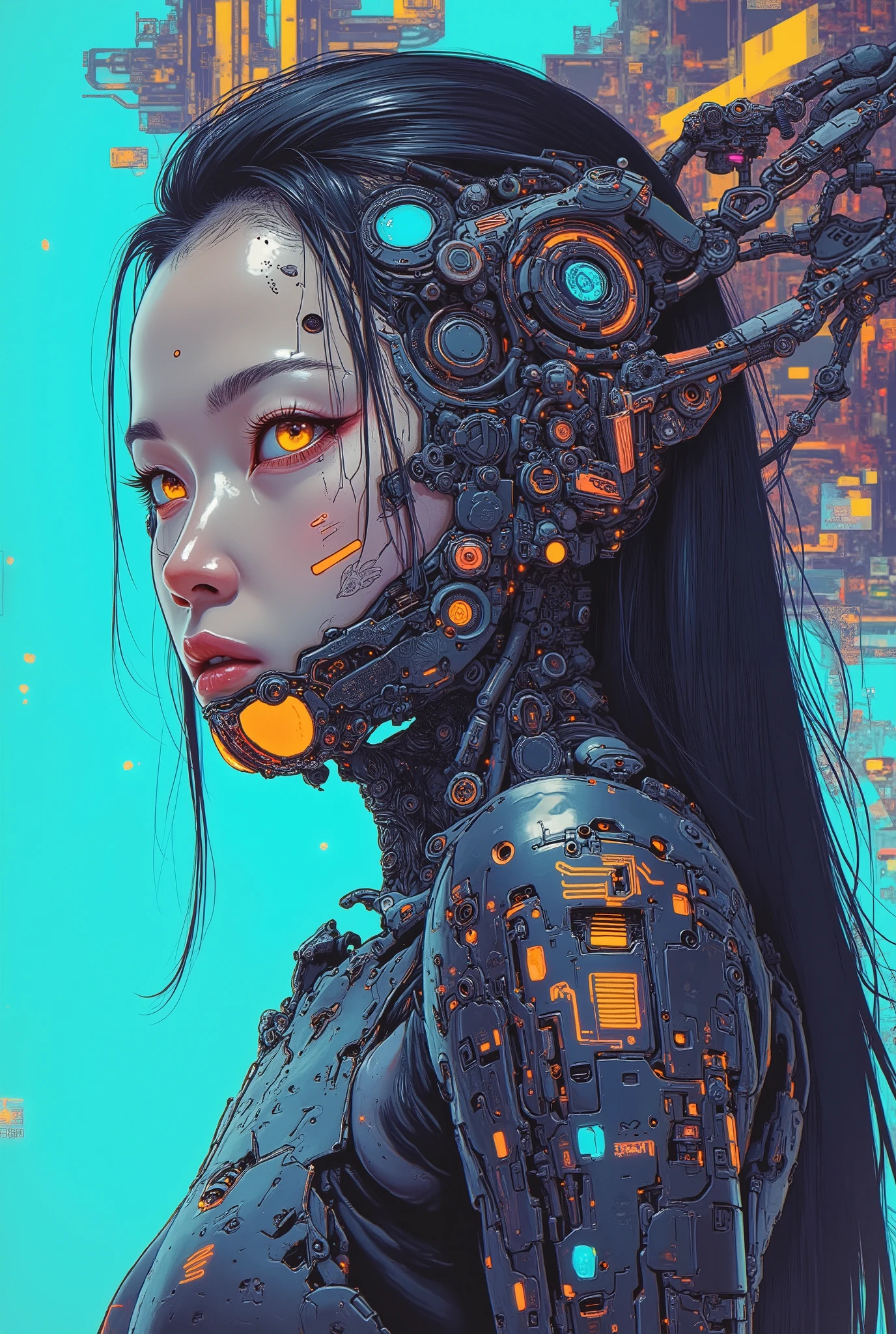 ((Airbrush art style painting)) of (perfect Asian cyberpunk girl))), (((wearing incredibly detailed ornate cyberpunk armour))), ((LED lights)), (shapeless long hair), perfect features, ((((full figure) dynamic pose))), (((starship interior))), (((Jim Burns art style))), abstract beauty, near perfection, pure form, concept art, intricate detail, 8k post-production, High resolution, super Detail, art station Trends, sharp focus, studio photos, intricate detail, Very detailed.