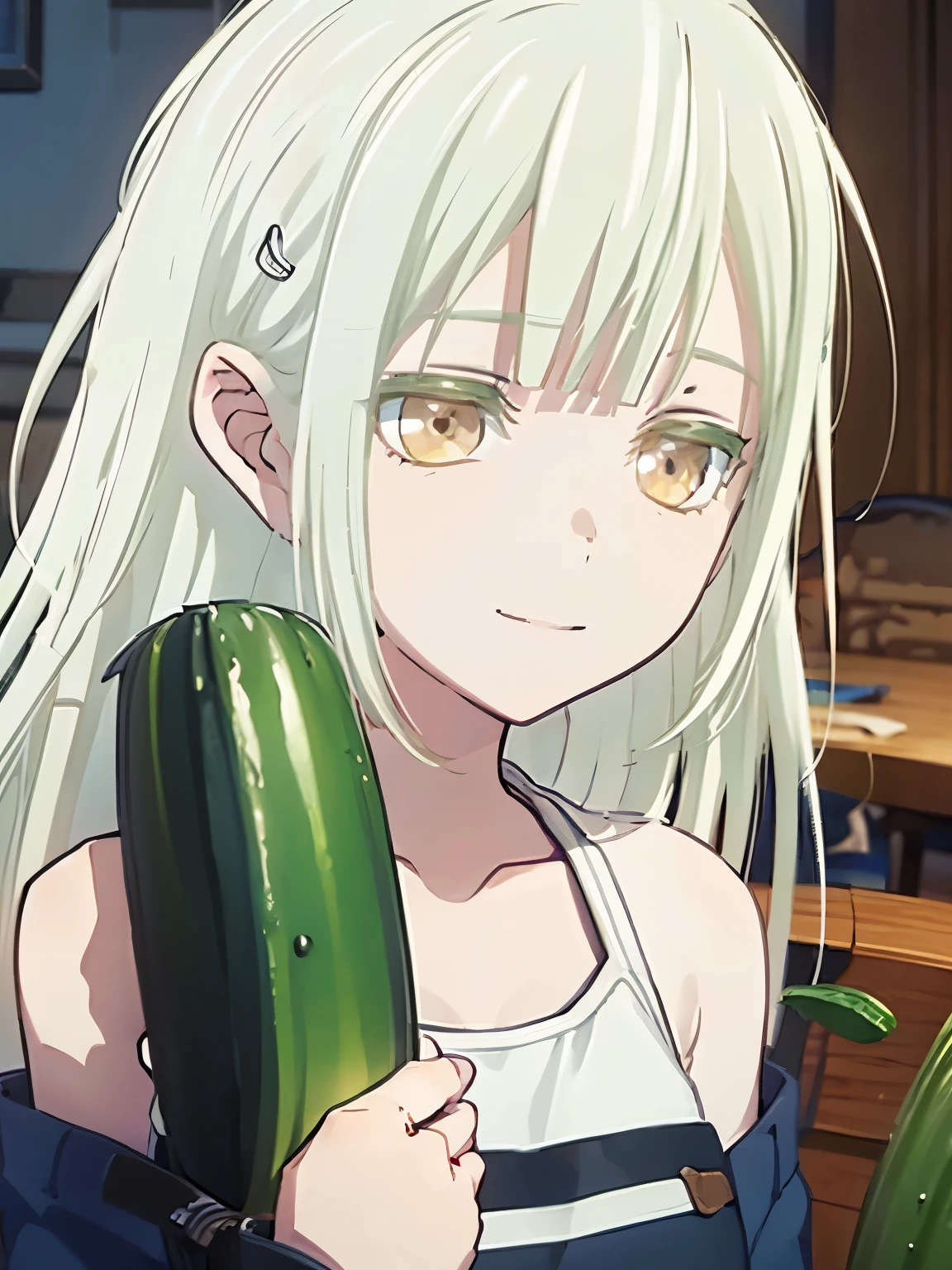 masterpiece, 8k best quality, masterpiece, high resolution, focus, anime style, white hair, happy smile,Long cucumber