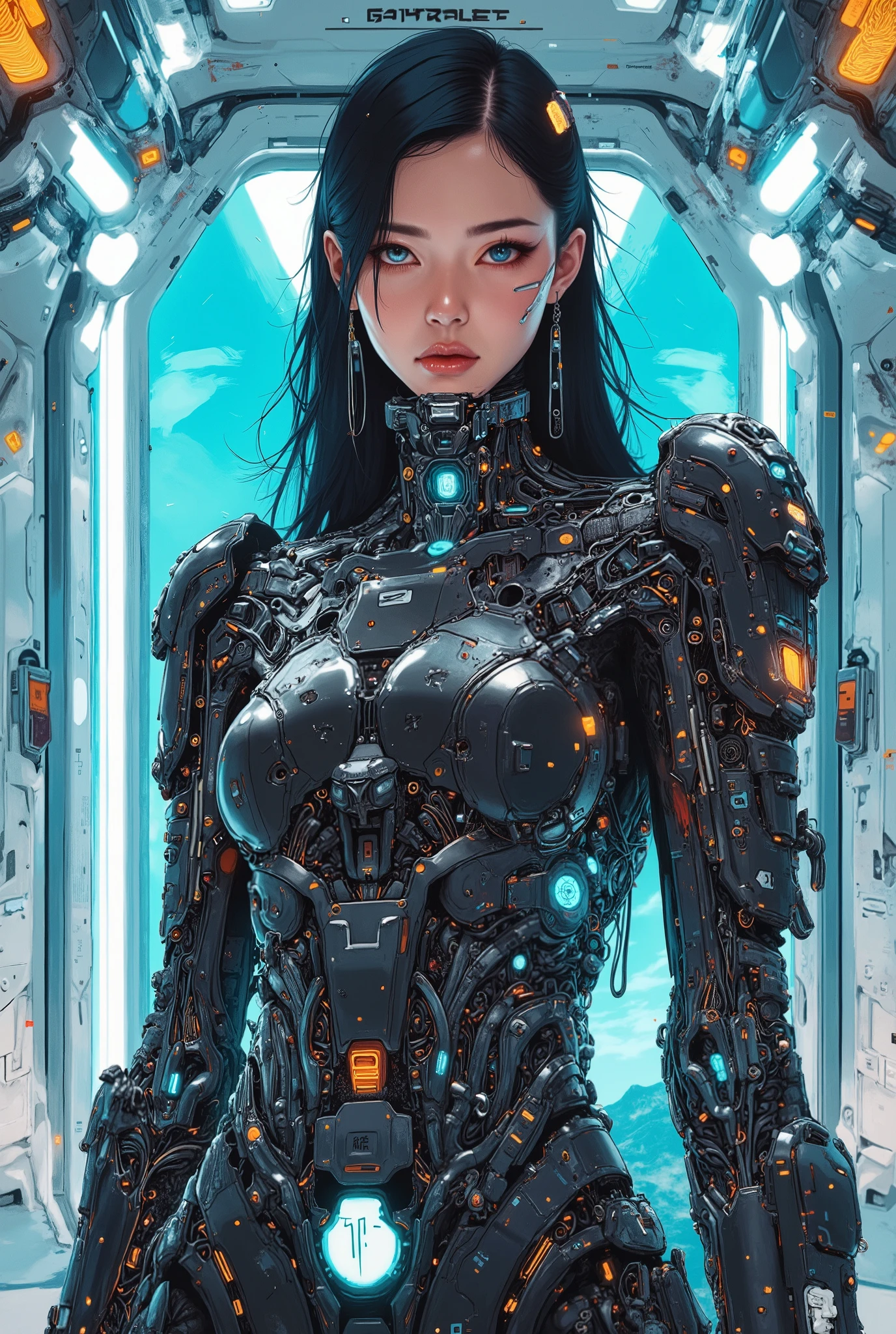 ((Airbrush art style painting)) of (perfect Asian cyberpunk girl))), (((wearing incredibly detailed ornate cyberpunk armour))), ((LED lights)), (shapeless long hair), perfect features, ((((full figure) dynamic pose))), (((starship interior))), (((Jim Burns art style))), abstract beauty, near perfection, pure form, concept art, intricate detail, 8k post-production, High resolution, super Detail, art station Trends, sharp focus, studio photos, intricate detail, Very detailed.