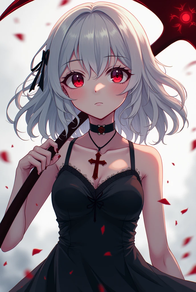 Anime girl with medium-long white wavy hair, wearing a black dress shoulder to shoulder , wearing a crucifix around his neck, holding a sickle, one eye colored red and one eye colored green.