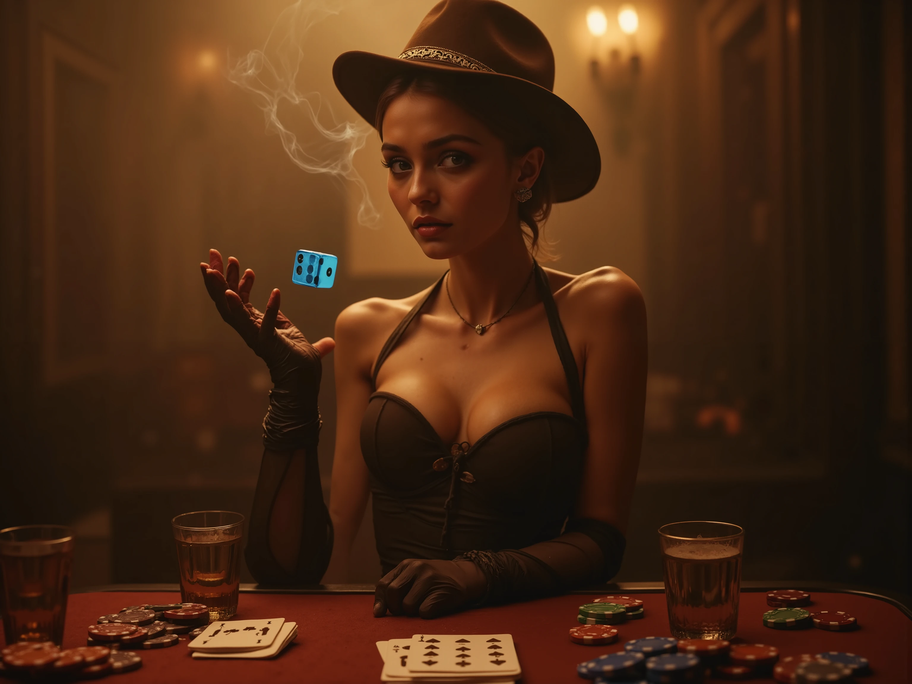  quality and details :

    (8k, HD,  ultra-detailed ,  photorealistic,  masterpiece: 1.3), ( dramatic lighting ,  soft textures ,  cinematic atmosphere ).

 scene and lighting :

     In a smoky back room of an illegal casino, a woman drops two 10-sided dice from her hand onto a poker table — a bright blue,  the other knows .
     The focus is on the moment ,  in which the cubes are out of their hand Glide and float just above the table , While cards ,  chips and glasses enliven the scene .
     The woman is well lit : concealed ,  warm Spotlights immerse them in a golden light ,  that sets her apart from the smoky background .

 character and atmosphere :

     The woman is wearing a stylish Western-inspired outfit with a modern twist — a tight corset ,  plus a matching hat and elegant gloves .
     Her gaze is concentrated ,  controls her posture casually ,  yet ,  as she drops the dice .

Stil und Inspiration:

    An exciting , Realistic scene,  which combines the dynamics of the cubes with the mysterious ,  smoky atmosphere of a secret game .  Every moment is full of details ,  from the falling cubes to their stylish appearance .