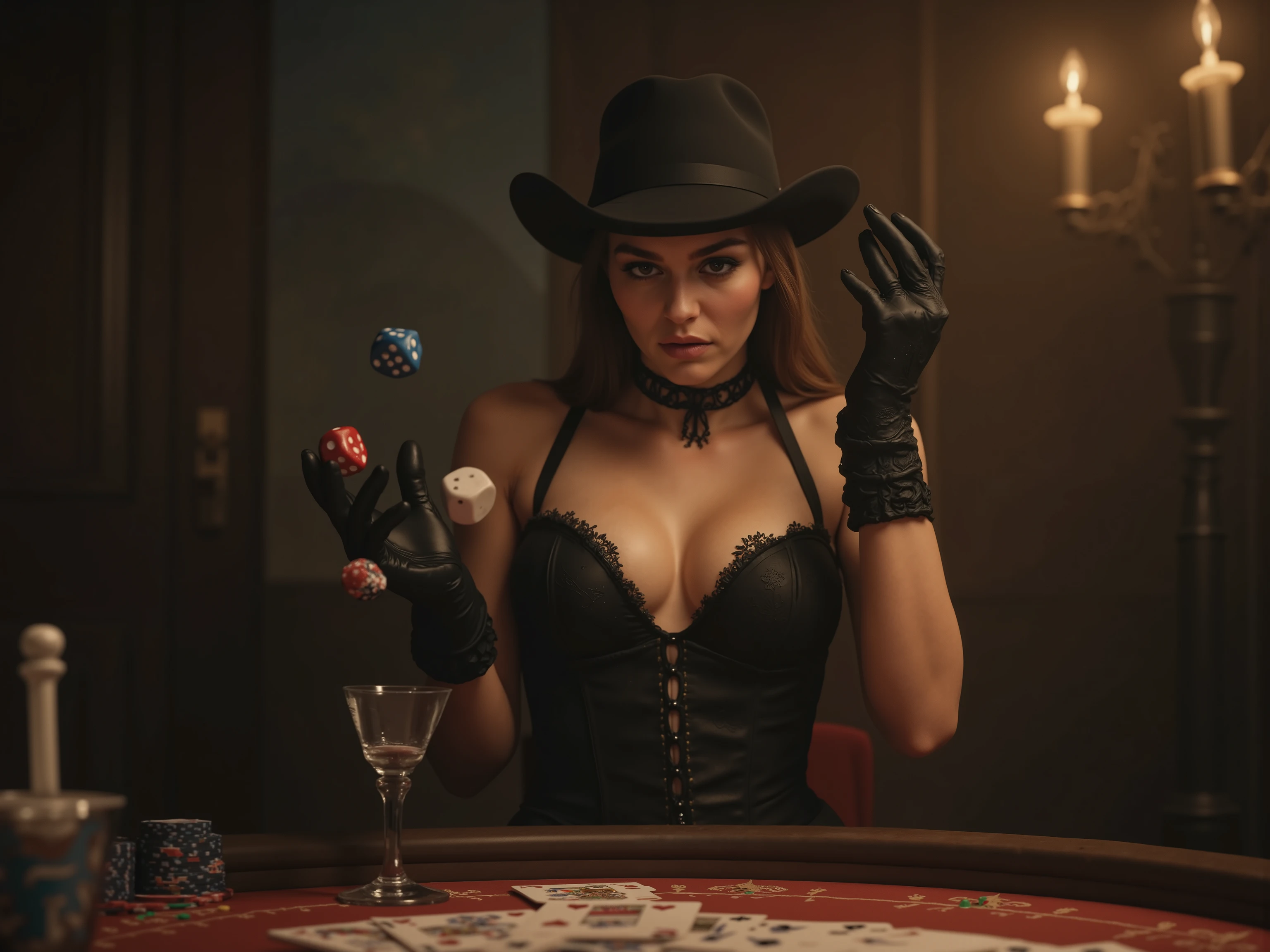  quality and details :

    (8k, HD,  ultra-detailed ,  photorealistic,  masterpiece: 1.3), ( dramatic lighting ,  soft textures ,  cinematic atmosphere ).

 scene and lighting :

     In a smoky back room of an illegal casino, a woman drops two 10-sided dice from her hand onto a poker table — a bright blue,  the other knows .
     The focus is on the moment ,  in which the cubes are out of their hand Glide and float just above the table , While cards ,  chips and glasses enliven the scene .
     The woman is well lit : concealed ,  warm Spotlights immerse them in a golden light ,  that sets her apart from the smoky background .

 character and atmosphere :

     The woman is wearing a stylish Western-inspired outfit with a modern twist — a tight corset ,  plus a matching hat and elegant gloves .
     Her gaze is concentrated ,  controls her posture casually ,  yet ,  as she drops the dice .

Stil und Inspiration:

    An exciting , Realistic scene,  which combines the dynamics of the cubes with the mysterious ,  smoky atmosphere of a secret game .  Every moment is full of details ,  from the falling cubes to their stylish appearance .