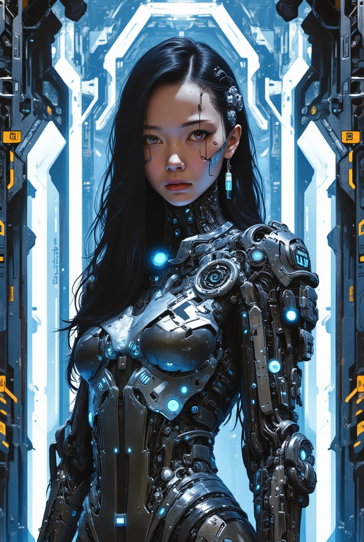 ((Airbrush art style painting)) of (perfect Asian cyberpunk girl))), (((wearing incredibly detailed ornate cyberpunk armour))), ((LED lights)), (shapeless long hair), perfect features, ((((full figure) dynamic pose))), (((starship interior))), (((Jim Burns art style))), abstract beauty, near perfection, pure form, concept art, intricate detail, 8k post-production, High resolution, super Detail, art station Trends, sharp focus, studio photos, intricate detail, Very detailed.