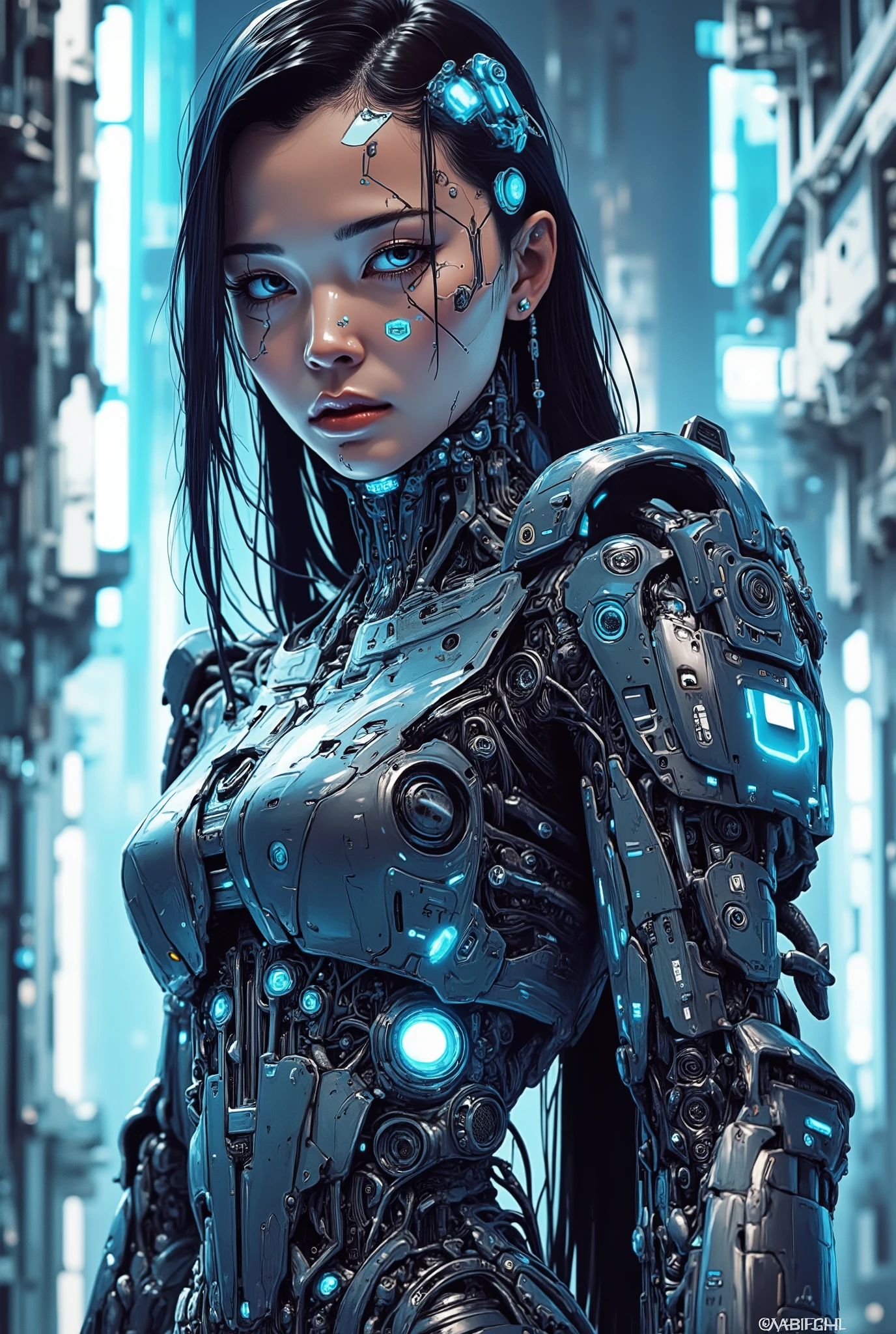 ((Airbrush art style painting)) of (perfect Asian cyberpunk girl))), (((wearing incredibly detailed ornate cyberpunk armour))), ((LED lights)), (shapeless long hair), perfect features, ((((full figure) dynamic pose))), (((starship interior))), (((Jim Burns art style))), abstract beauty, near perfection, pure form, concept art, intricate detail, 8k post-production, High resolution, super Detail, art station Trends, sharp focus, studio photos, intricate detail, Very detailed.