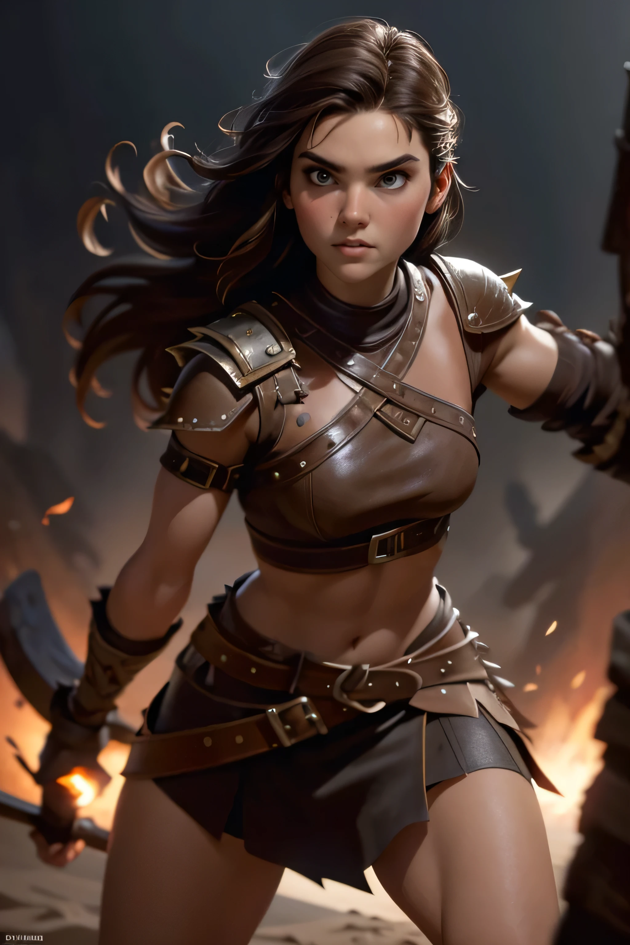 Young Viking woman , warrior, short brown hair, thick eyebrows, brown eyes, brown leather armor, strappy leather top , fur skirt, fierce expression, heroic stance, Looking at the camera, fierce expression, masterpiece , super detail, lyrics, composition epic character, natural lighting , sharp focus, ultra resolution , plain white background , without patterns, No textures.