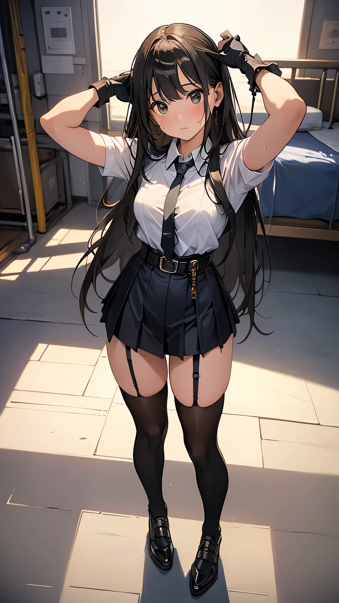 Blue Archive Karin, karin, Ahoge, Black hair, (Dark skin), (dark skinned female:1.3), Halo, Long hair, (Yellow eyes:1.5),Break Cardigan, Neck ribbon, Pleated skirt, bow ribbon, School uniform, Skirt, Blue cardigan, Naughty big、large full breasts、BREAK looking at viewer, Break indoors, crass room,BREAK (masutepiece:1.2), Best Quality, High resolution, Unity 8k壁纸, (Illustration:0.8), (Beautiful detailed eyes:1.6), extra detailed face, Perfect Lighting, extremely details CG, (Perfect hands, Perfect Anatomy),(Skirt lift:1.3), (white panties:1.3)、(Skirt that rolls up:1.3)、(Fully exposed panties:1.5),(is standing:1.3)、