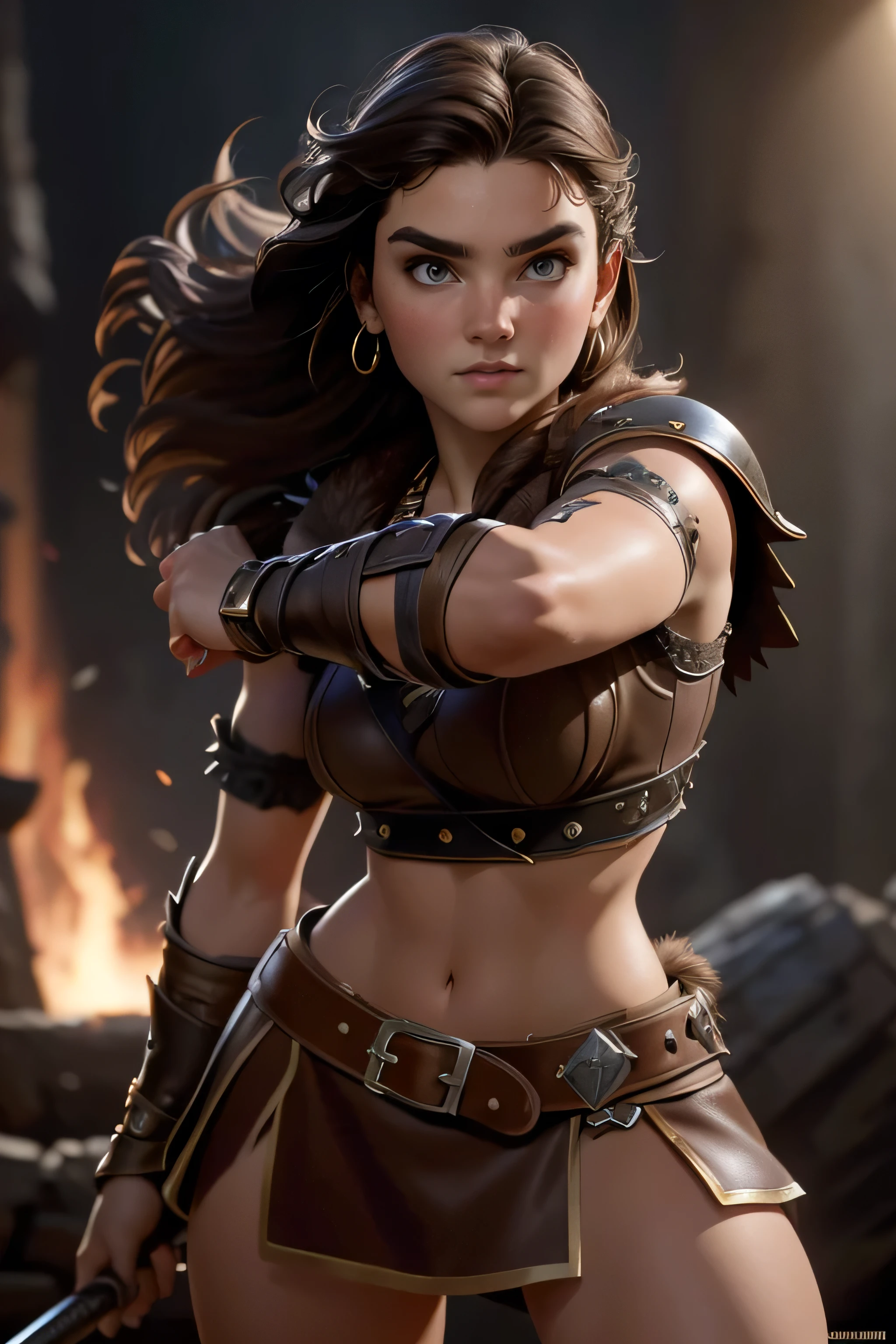 Young Viking woman , warrior, short brown hair, thick eyebrows, brown eyes, brown leather armor, strappy leather top , fur skirt, fierce expression, heroic stance, Looking at the camera, fierce expression, masterpiece , super detail, lyrics, composition epic character, natural lighting , sharp focus, ultra resolution , plain white background , without patterns, No textures.