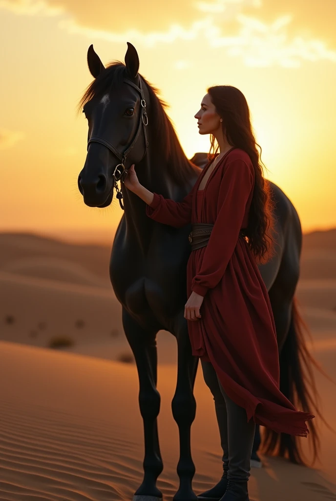 Draw a picture of a girl of 30 years old in brave's costume, having straight black hair standing in desert holding a jar. The girl is holding a small chit and reading it.
On desert there are lots of chits everywhere without led lights.
A black horse is standing behind the girl on left side.
The whole picture is in dark mode.