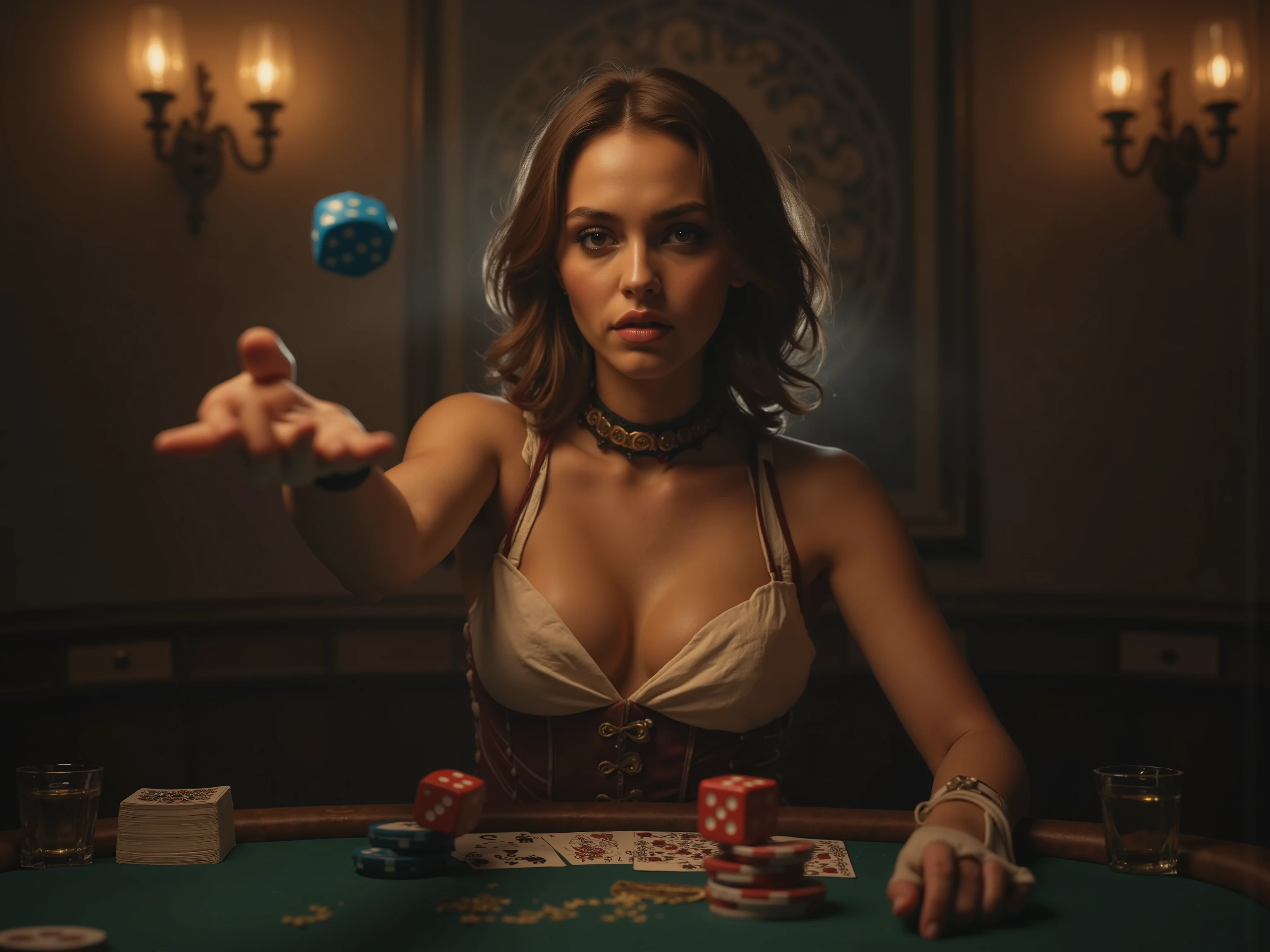 quality and details :
(8k, HD, ultra-detailed , photorealistic, masterpiece: 1.3), ( dramatic lighting , soft textures , cinematic atmosphere ).
scene and lighting :
In a smoky back room of an illegal casino, a woman drops two 10-sided dice from her hand onto a poker table — a bright blue, the other knows .
The focus is on the moment , in which the cubes are out of their hand Glide and float just above the table , While cards , chips and glasses enliven the scene .
The woman is well lit : concealed , warm Spotlights immerse them in a golden light , that sets her apart from the smoky background .
character and atmosphere :
The woman is wearing a stylish cyber- Western-inspired outfit with a modern twist — a tight corset , plus a matching collar and elegant gloves .
Her gaze is concentrated , controls her posture casually , yet , as she drops the dice .
Stil und Inspiration:
An exciting , Realistic scene, which combines the dynamics of the cubes with the mysterious , smoky atmosphere of a secret game . Every moment is full of details , from the falling cubes to their stylish appearance .