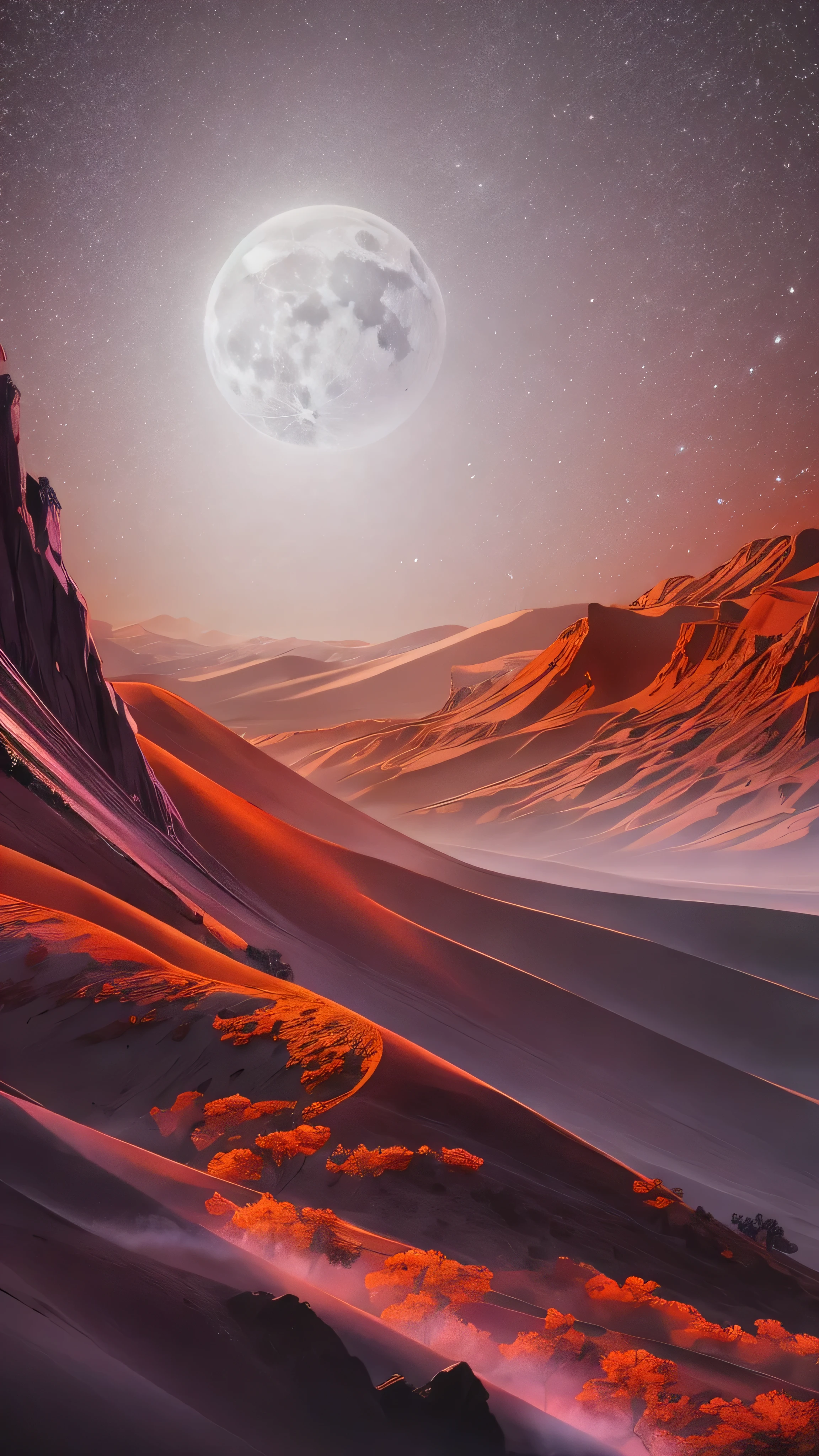 highdefinition images , Curve Light Ivory and Red Creative Spray Paint Sparkles, Dystopian Thriller , ((Masterpiece)) Dramatic Half Moon Night , Dramatic Valley Shadows Under the Mountain , On a Sandstorm Night