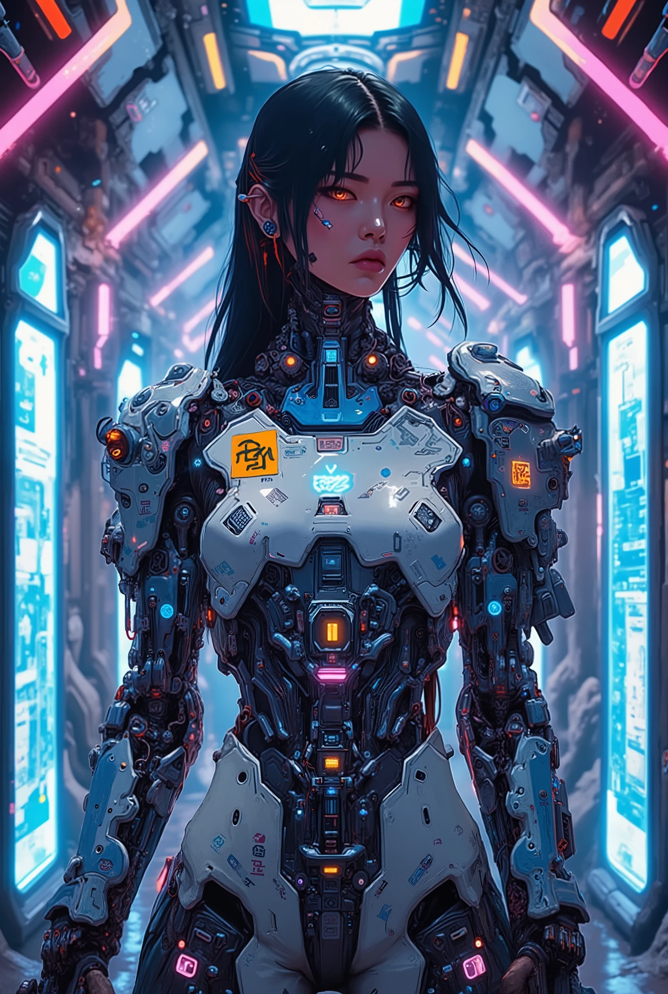 ((anime art style painting)) of (perfect Asian cyberpunk girl))), (((wearing incredibly detailed ornate cyberpunk armour))), ((LED lights)), (shapeless long hair), perfect features, ((((full figure) dynamic pose))), (((starship interior))), abstract beauty, near perfection, pure form, concept art, intricate detail, 8k post-production, High resolution, super Detail, art station Trends, sharp focus, studio photos, intricate detail, Very detailed.
