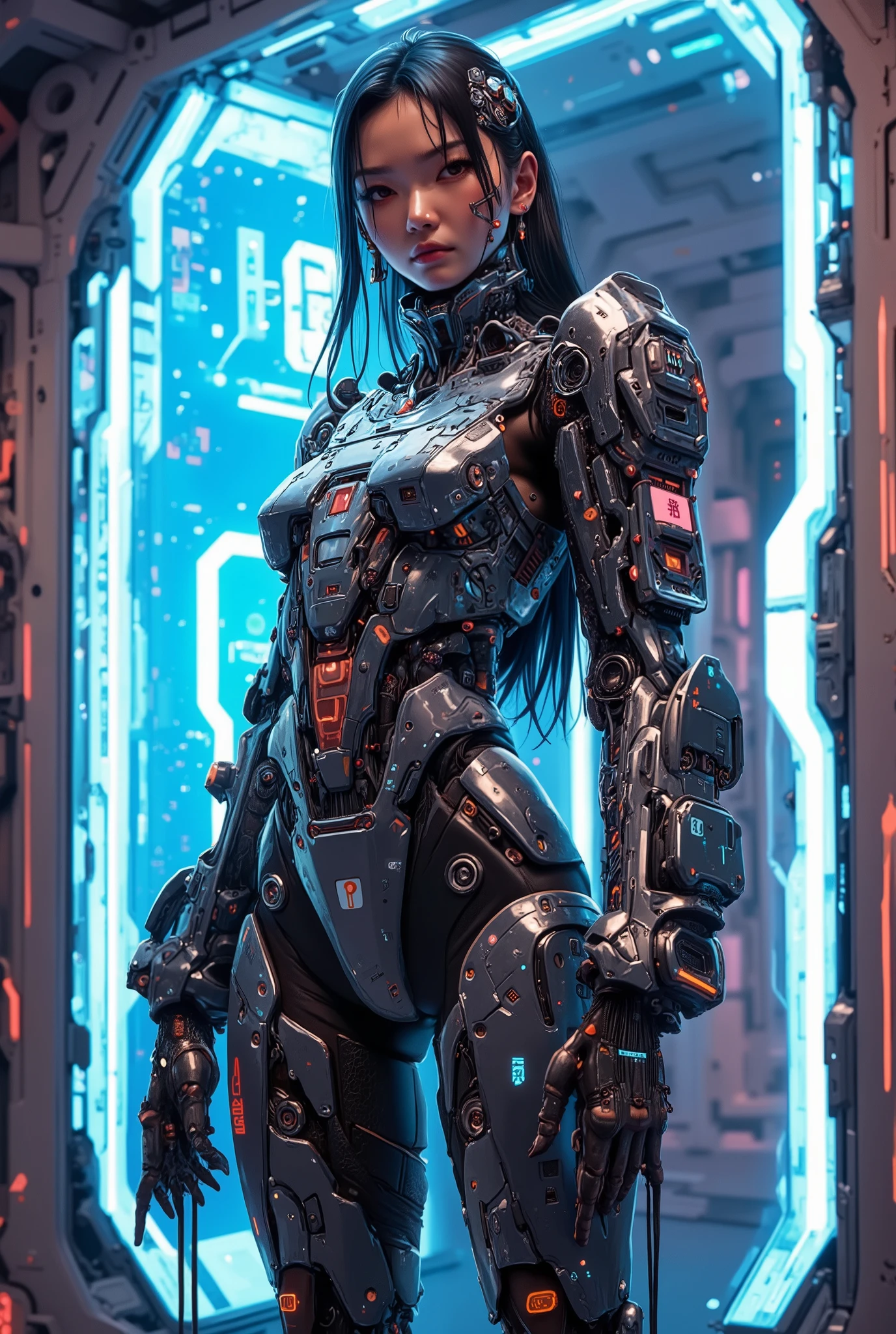 ((anime art style painting)) of (perfect Asian cyberpunk girl))), (((wearing incredibly detailed ornate cyberpunk armour))), ((LED lights)), (shapeless long hair), perfect features, ((((full figure) dynamic pose))), (((starship interior))), abstract beauty, near perfection, pure form, concept art, intricate detail, 8k post-production, High resolution, super Detail, art station Trends, sharp focus, studio photos, intricate detail, Very detailed.