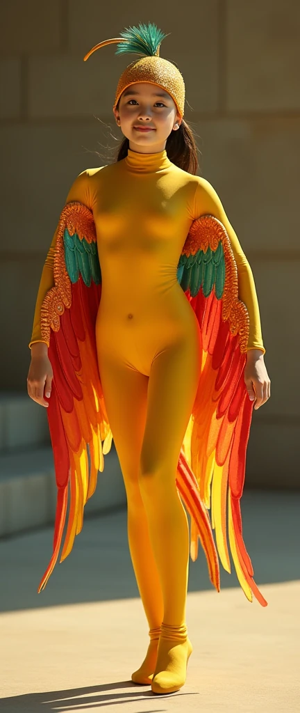 The most beautiful,thin,most pretty and clever malaysian muslimah adult girl wears yellow Bird lycra turtleneck unitard catsuit covered with seamless scales.She always wear bird lycra dancewear stretchy square hijab covered with seamless scales.She has bird costume wings.She has a bird tail.She is flying up the sky.
