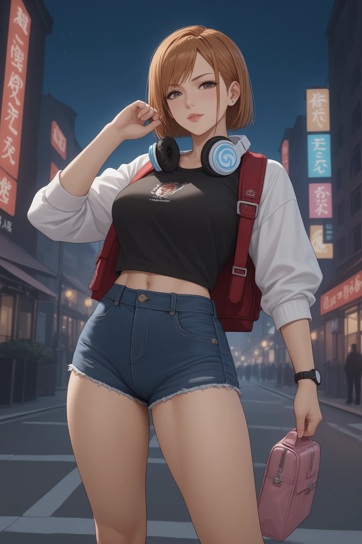 whaite hair,long leges,big breasts thin waist,Heterochromic pupils,White chest strap
