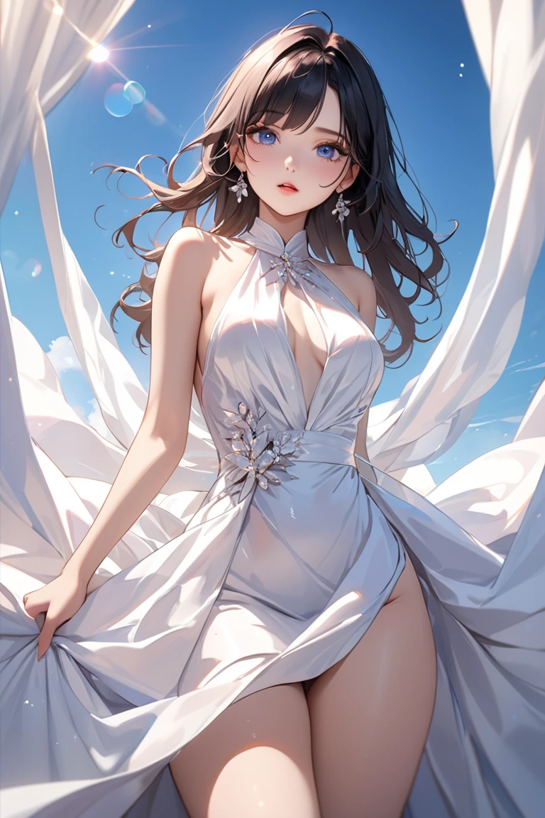 (8k, RAW photo, photorealistic:1.25, Masterpiece) ,( lip gloss, eyelashes, glossy side, shiny skin, best quality, ultra-high resolution, depth of field, chromatic aberration, caustic, wide light, natural shadow, headwear, Kpop idol) ,light pink and blue style, 1girl, (blue sky: 1.5), tall and thin beauty goddess, flowing dress, conservative girl, cloud goddess, flowing white fabric, Wearing a flowing dress, realistic, (background with blue sky and white clouds: 1.4), (wind: 1.5), (full body: 1.5), add_detail,