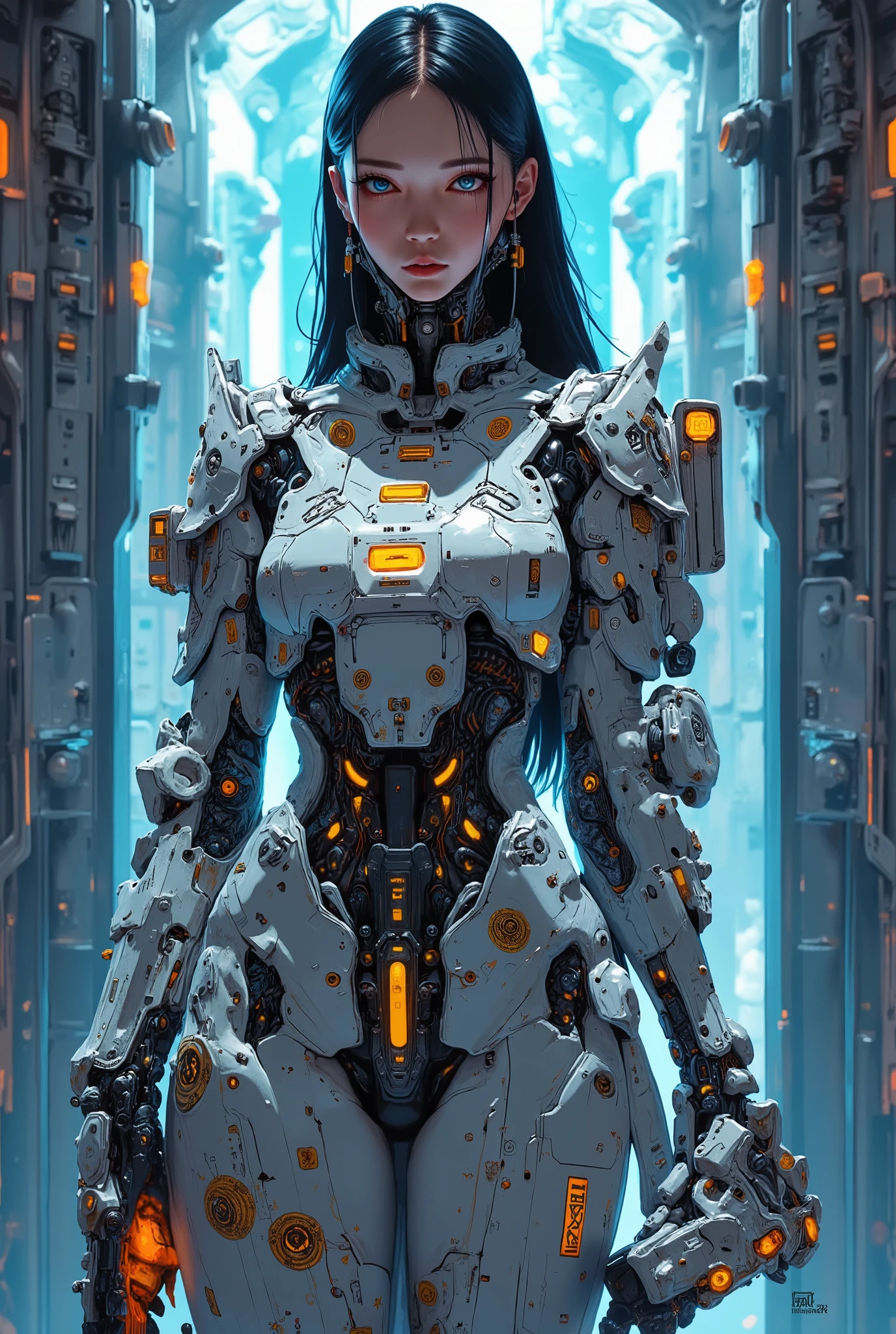((anime art style painting)) of (perfect Asian cyberpunk girl))), (((wearing incredibly detailed ornate cyberpunk armour))), ((LED lights)), (shapeless long hair), perfect features, ((((full figure) dynamic pose))), (((starship interior))), abstract beauty, near perfection, pure form, concept art, intricate detail, 8k post-production, High resolution, super Detail, art station Trends, sharp focus, studio photos, intricate detail, Very detailed.