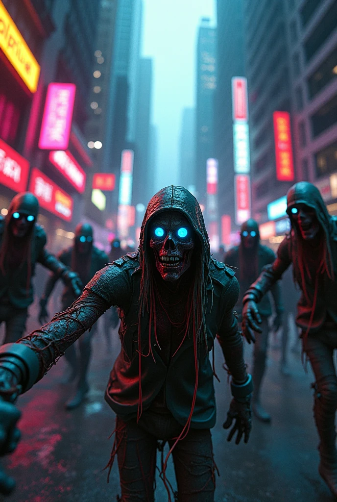 an army of zombies of blind political fanatic, cyberpunk style, campaign cap, neon lights, high-tech clothing,