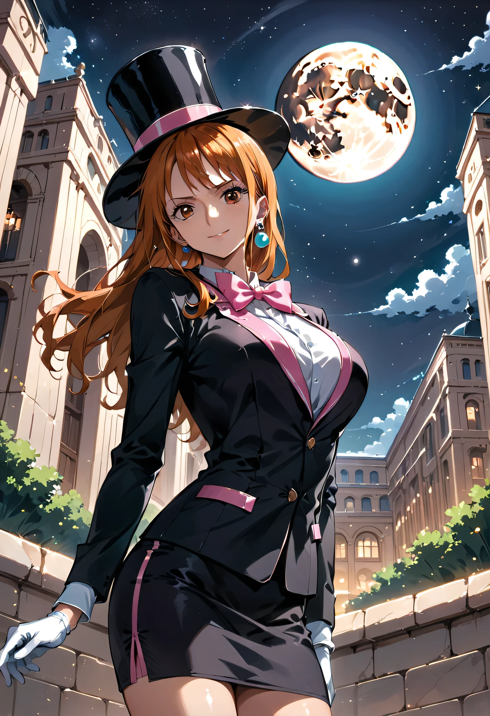 (masterpiece, best quality, ultra detailed), solo, 1girl, nami, ((one piece)), long orange hair, earrings, brown eyes, sleek legs, (((oversized black silk top hat with pink trim))), (((black tuxedo with pink trim, long sleeved))), ((dark pink bowtie)), (((black miniskirt with pink trim))), ((black high heels)), ((white gloves)), (smiling, coy, confident), (dapper), posing in a marble courtyard, (night scene, starry background, full moon in the sky), standing with both hands behind back, glamorous pose,  close up shot, facing the viewer