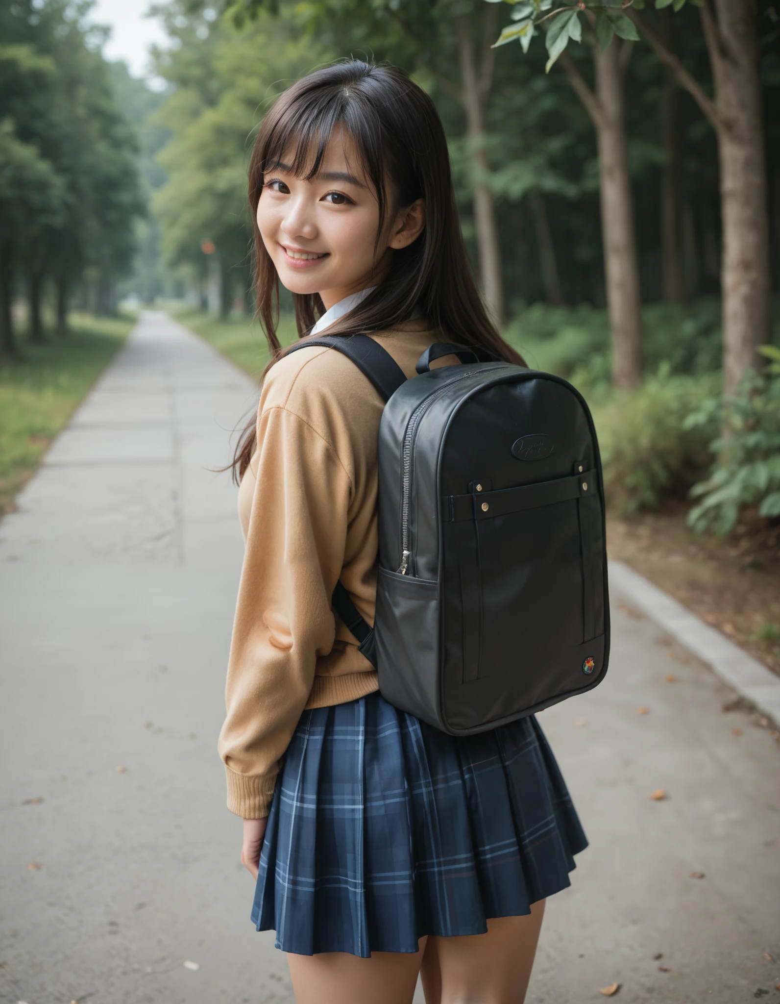 Masterpiece, hd, realistic, asian, best quality, closed mouth, light smile, asian, light blush, long hair, bangs, black hair, wearing white collared shirt, brown sweater, long sleeves, blue skirt, plaid skirt, outdoor, smile, standing, cowboy shot, wearing backpack, black backpack, adventure backpack, daypack, from behind, back view
