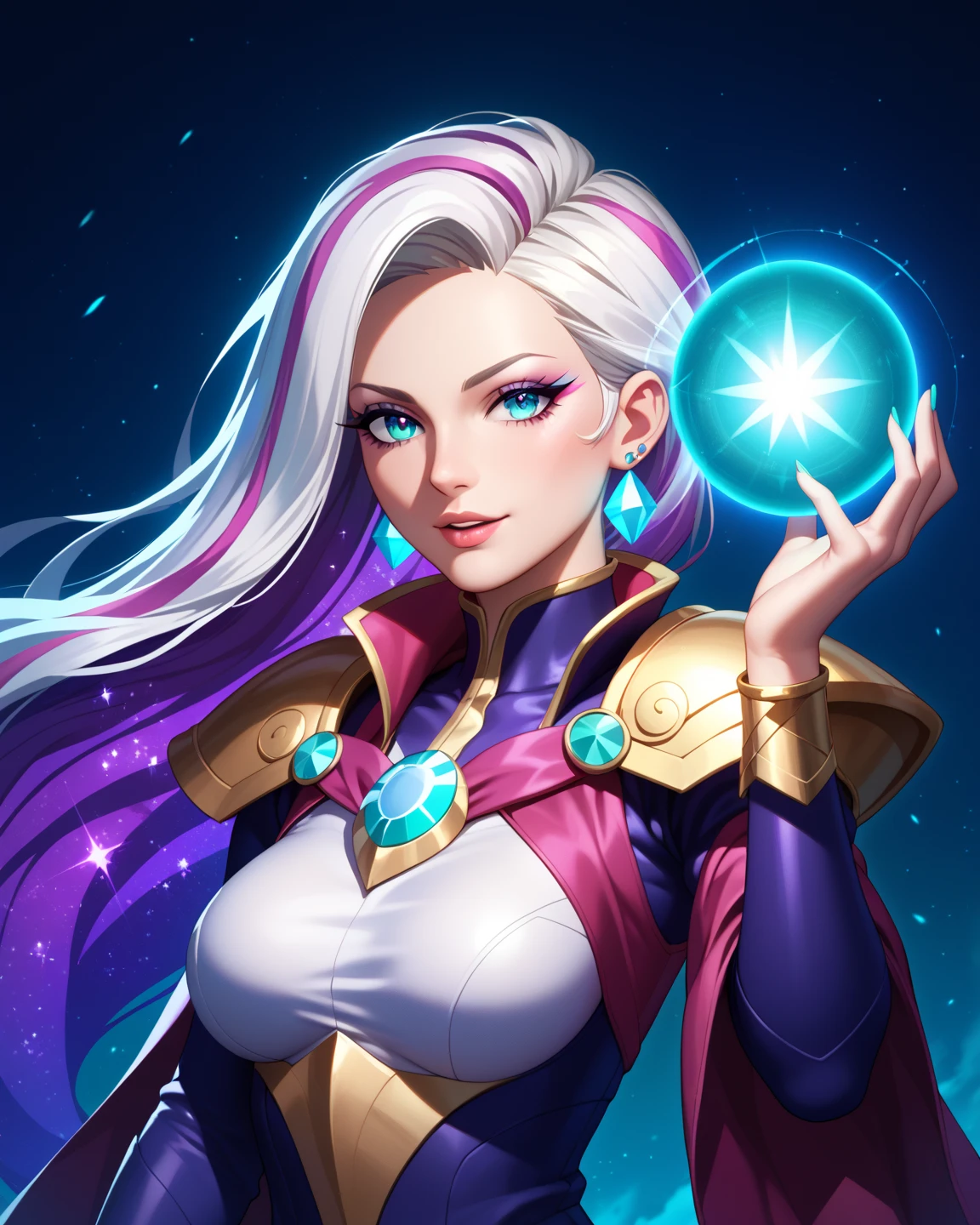 (League of Legends:1.5),Astrid, the Graviton Slinger, is depicted in her splashart as a powerful and enigmatic force, wielding her gravitational manipulation abilities with mastery. The scene takes place in a celestial realm, where stars and cosmic energy illuminate the vastness of space.
Astrid possesses an otherworldly beauty, with flowing silver-white hair that seems to shimmer with the brilliance of distant stars. Her skin has a faint celestial glow, radiating with the power she commands. She wears a sleek, futuristic suit adorned with intricate patterns that resemble constellations and gravitational fields. The suit hugs her figure, emphasizing her strength and agility.
In the center of her palms, Astrid generates orbs of gravitational energy, each pulsating with vibrant hues of purple and blue. These energy orbs form the foundation for her gravitational abilities. Surrounding her, smaller orbs and filaments of energy spin and orbit, representing the gravitational fields she creates and manipulates.
Astrid's eyes emit an intense, piercing gaze, glowing with the same gravitational energy that courses through her. Her expression conveys both focus and determination, revealing her unwavering control over the forces she wields.
The backdrop of the splashart showcases the vast expanse of space, filled with distant galaxies and nebulae. Ethereal strands of gravitational energy weave through the cosmos, forming intricate patterns and connecting celestial bodies. The scene creates a sense of awe and wonder, as Astrid harnesses the fundamental forces of the universe.
The color palette is dominated by deep purples, blues, and blacks, reflecting the cosmic nature of Astrid's powers. The vibrant energy orbs stand out against the dark backdrop, adding a dynamic and captivating element to the splashart, splashart, linhas de corpo, cores vibrantes, detalhes requintados, cinemactic, artstation, rosto detalhado, por rossdraws, por Kienan Laf,normal hands,holding ball,