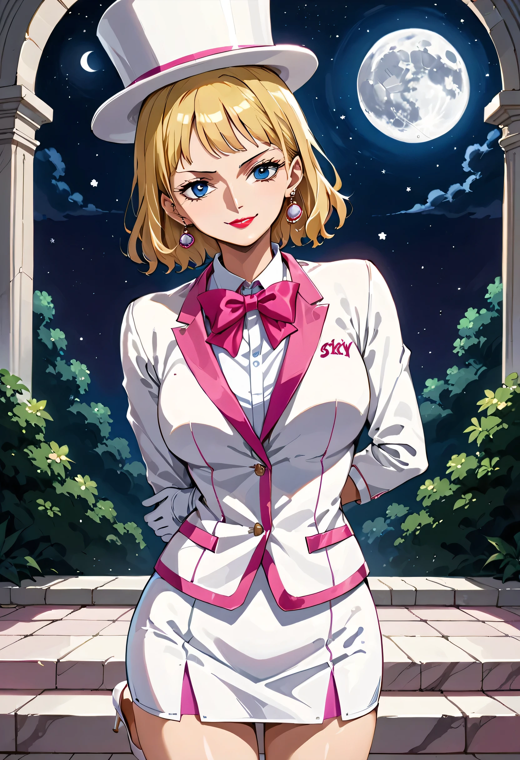 (masterpiece, best quality), solo, stussy, ((one piece)), blonde hair, earrings, blue eyes, red lipstick, sleek legs, (((oversized white silk top hat with pink trim))), (((white tuxedo with pink trim, long sleeved))), ((dark pink bowtie)), (((white miniskirt with pink trim))), ((white high heels)), ((white gloves)), (smiling, coy, confident), (dapper), posing in a marble courtyard, (night scene, starry background, full moon in the sky), standing with both hands behind back, (glamorous pose), close up shot, facing the viewer
