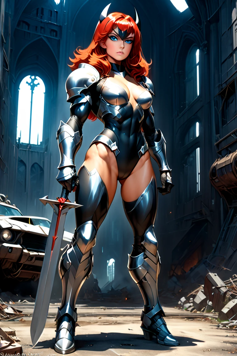 Five fingers, huge, cleavage, one woman, battle suit, futuristic knight, cool pose, fighting stance, iridescent armor, partial armor, fitness model, long legs, iridescent jacket, red hair, ponytail, tanned skin, smile, sparkling clothes, full body view, publicity cosplay, full cosplay, shot with Canon 5D Mk4, cosplay photo
