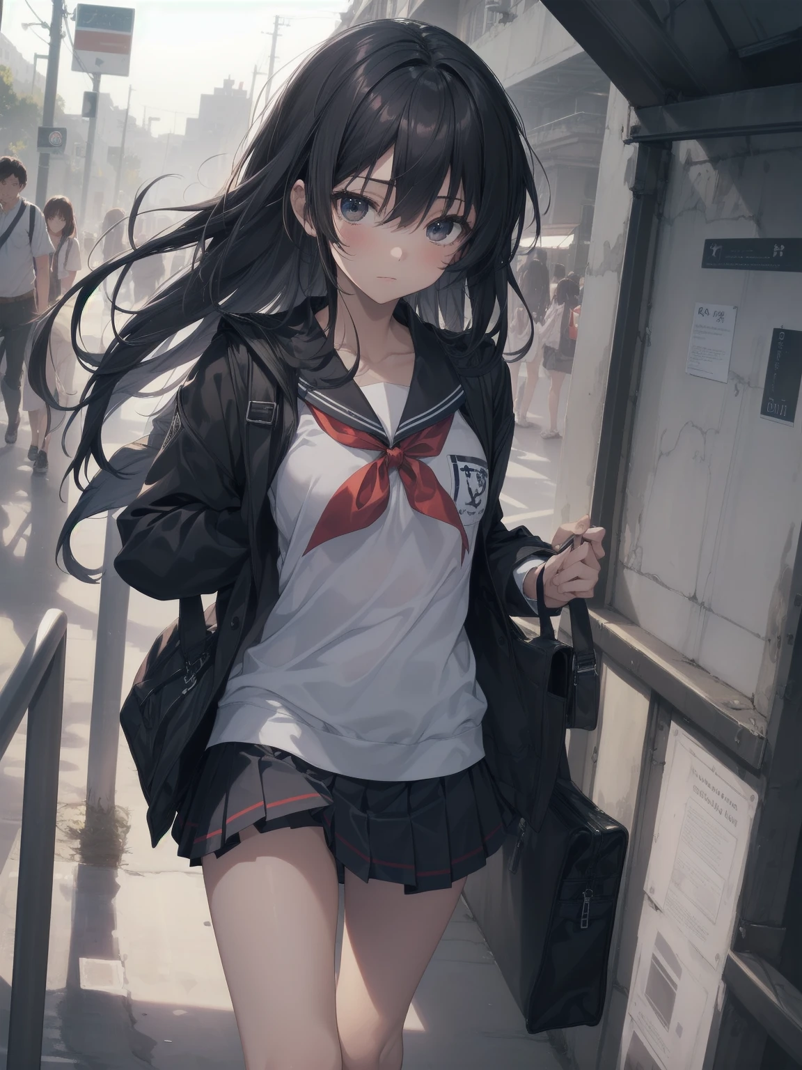crouching down,(child),(masterpiece,Highest Quality),Black Rucksack,black pleated miniskirt,shortsleeves,A dark-haired,long twintail,Summer Classroom,The wind is blowing,In the train car