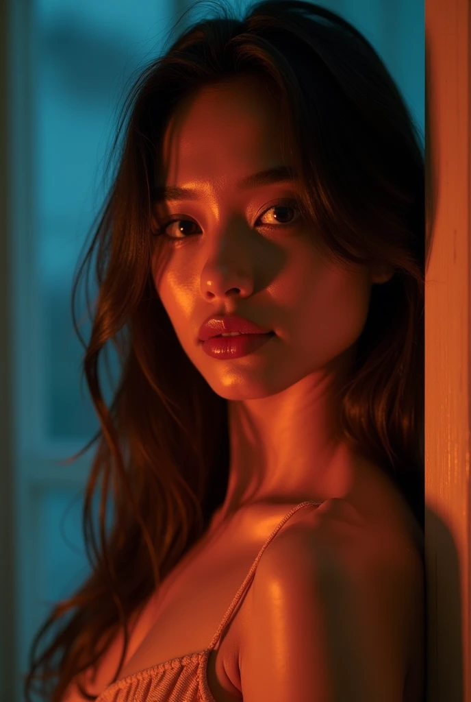 Beautiful woman, fatal woman, (long straight black hair), washed out colors, black eyes, in a modern transparent glass tower, Attractive Italian female model with long straight black hair, 2, hairy, left  shoulder leaning against the wall, big boobs (man's shiny thin golden shirt with a heart design: 0.95) Lame fabric (Shiny Polyester, beautiful soft lighting, (color warm: 0.6), 3 studio lighting points, the curve of the chest is obvious. پیراهن مردانه. پارچه نازک