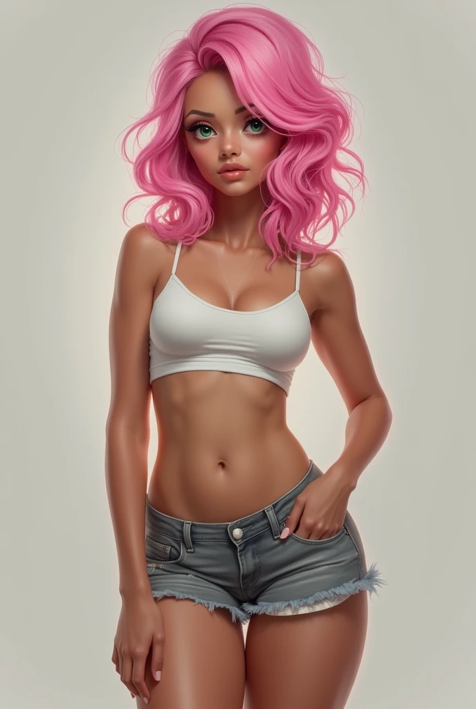 detailed aqua eyes, pink hair, (aqua eyes), Official art, Unity 8k Wallpaper, Ultra-detail, Beautiful and aesthetic, masterpiece, Best Quality, 1girl, big tits, Extremely detailed, elegant, vivd color, romanticism, arms behind back, street fashion, shiny skin, sexy pose, ((pink background)), heavy blushing, upper body, straight on, (cleavage), perfect thighs, standing, casual, funky graphic design,