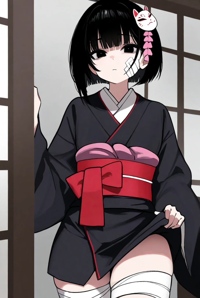 (Illustration of the best quality:1.2), (Chica kawaii:1.0), (1girl, solamente:1.0), (cabello negro, pelo corto negro:1.0), (kimono rojo, Tsubaki Pattern:1.0), (They are smiling:0.6), (parte superior del cuerpo:1.0), (ultra detallado, Altas Resoluciones:1.0), (SI NSFW) atado, Shibari, BDSM, servidumbre, hands atado behind, Boca amordazada, bare feet atado, Hogtie, takate kote, ball gag open mouth