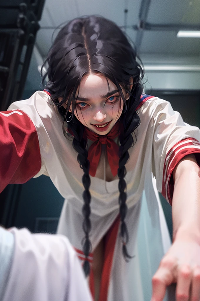 "In a completely dark and gloomy room, full of stains and filth, a creepy looking woman with schizophrenia is twisted on the floor, your body in an unnatural and disturbing way. at your side, a figure identical to her, but with terrifying features of death, Pale skin, sunken eyes and an evil expression, whispers things in his ear. The atmosphere is suffocating, full of despair and palpable terror."