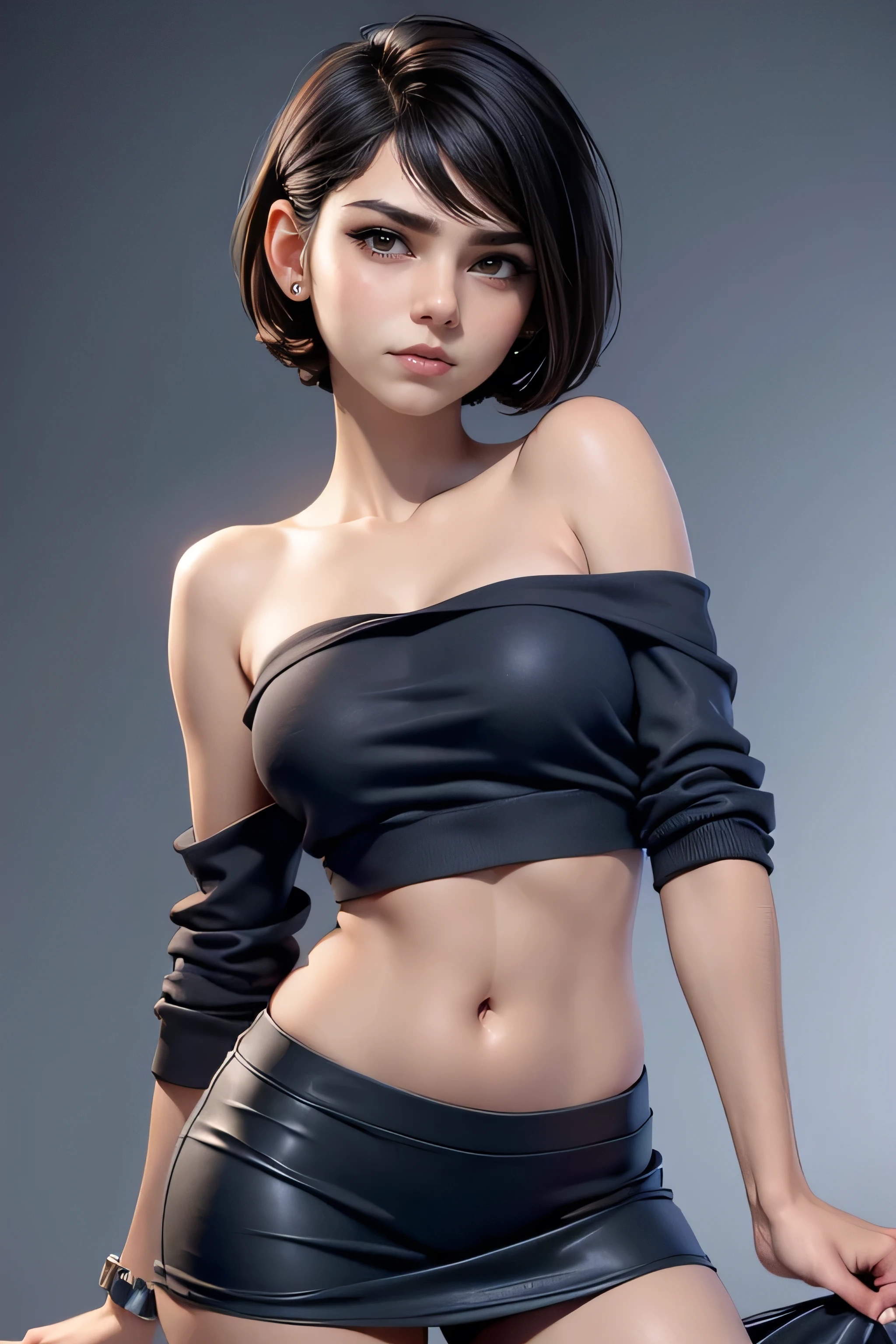 young woman, short hair , brown eyes, blue tube top , Black miniskirt, gray hoodie sweatshirt, face to the camera, Dynamic pose , masterpiece , super detail, lyrics, natural lighting , sharp focus, ultra resolution , plain white background , without patterns, No textures.