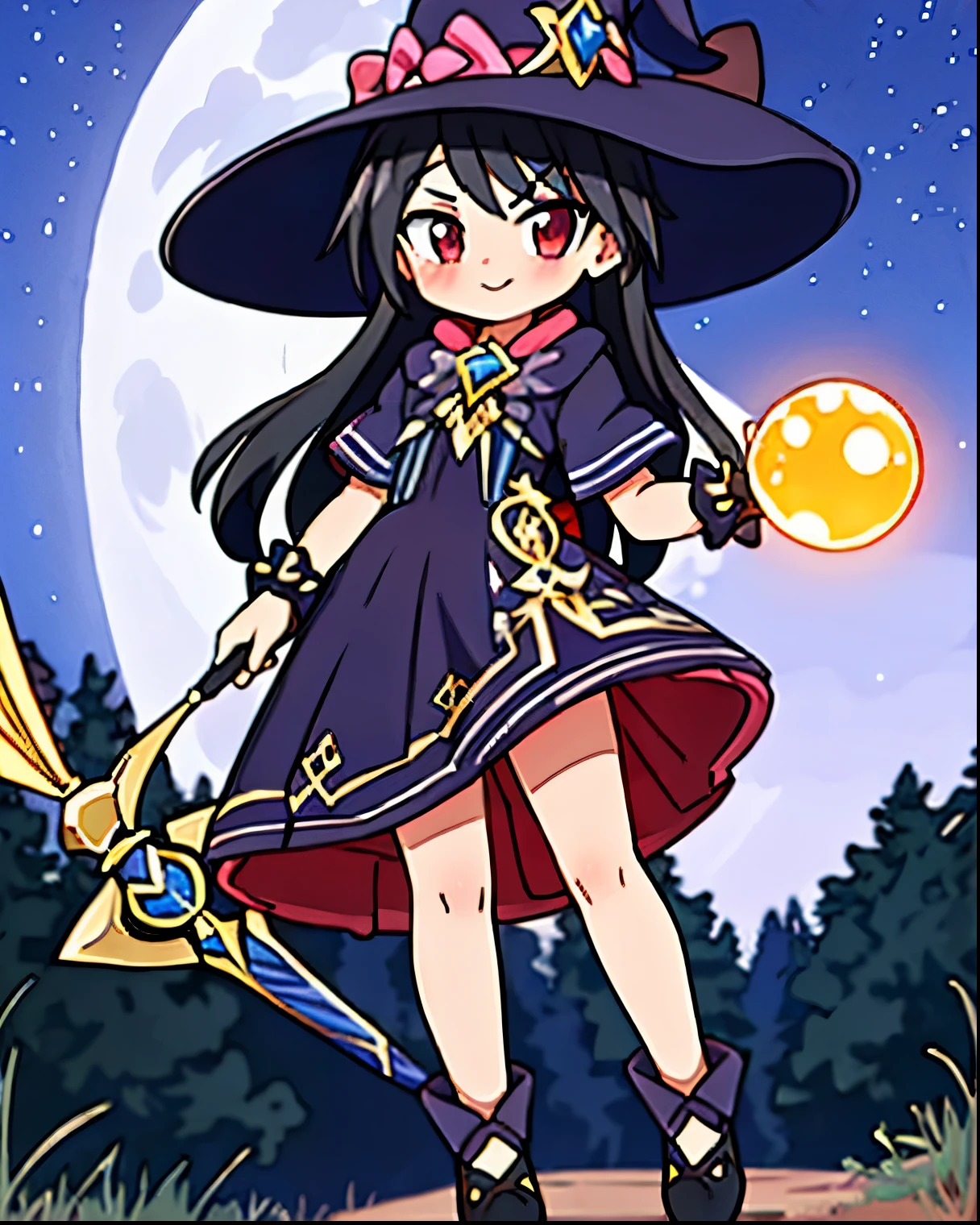 (masterpiece, best quality), intricate details,
1girl, long black straight hair, dress, purple dress, hat, witch hat, pink details on dress, wizard gloves, wizard shoes, night field, shrugging, smug, thicc thighs, red eyes, black hair, black hair straight, red eyes, holdin a magic legendary staff that haves a orange sparkling ball on the top edge, full body picture.