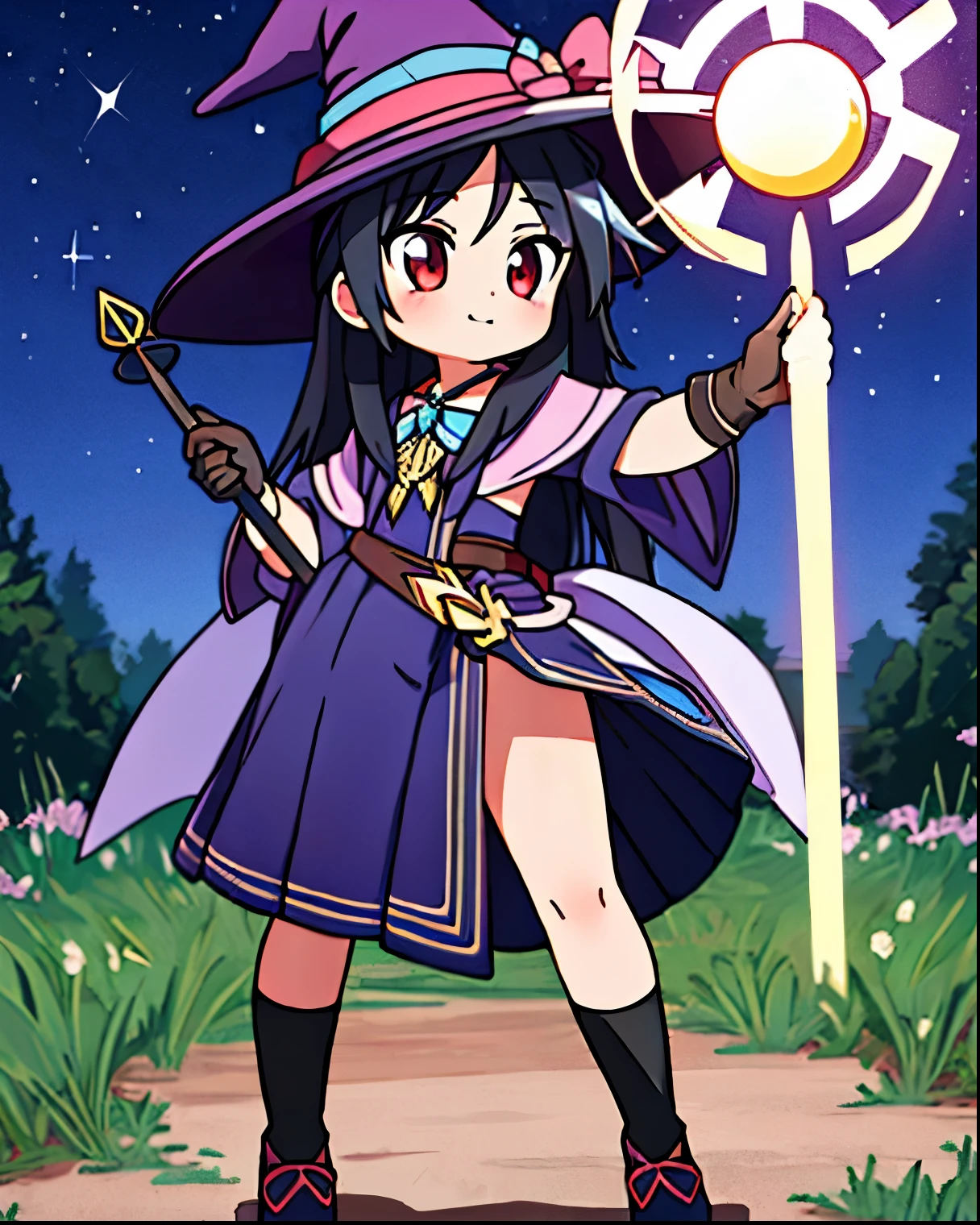 (masterpiece, best quality), intricate details,
1girl, long black straight hair, dress, purple dress, hat, witch hat, pink details on dress, wizard gloves, wizard shoes, night field, shrugging, smug, thicc thighs, red eyes, black hair, black hair straight, red eyes, holdin a magic legendary staff that haves a orange sparkling ball on the top edge, full body picture.
