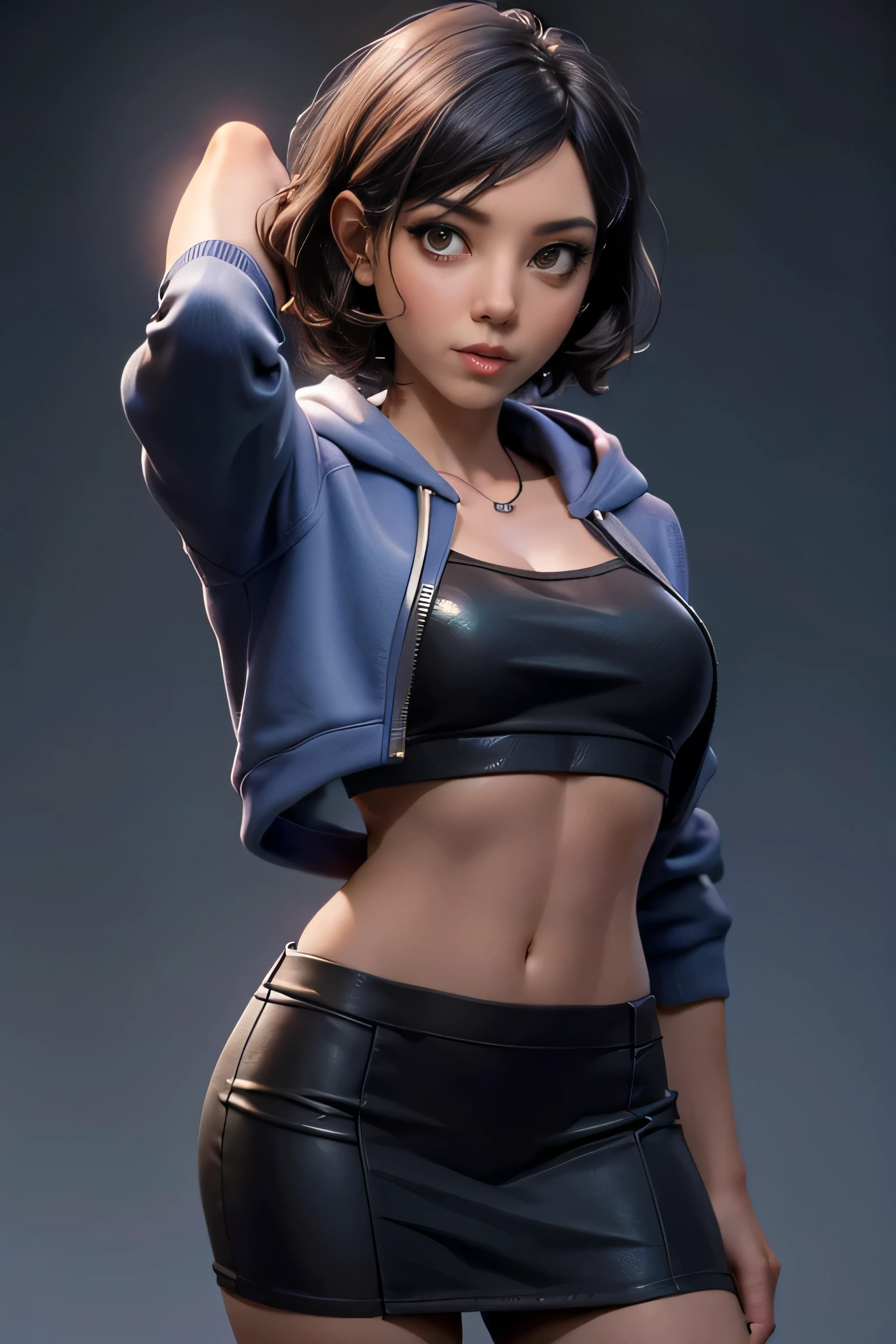 young woman, short hair , brown eyes, blue tube top , Black miniskirt, gray hoodie sweatshirt, face to the camera, Dynamic pose , masterpiece , super detail, lyrics, natural lighting , sharp focus, ultra resolution , plain white background , without patterns, No textures.