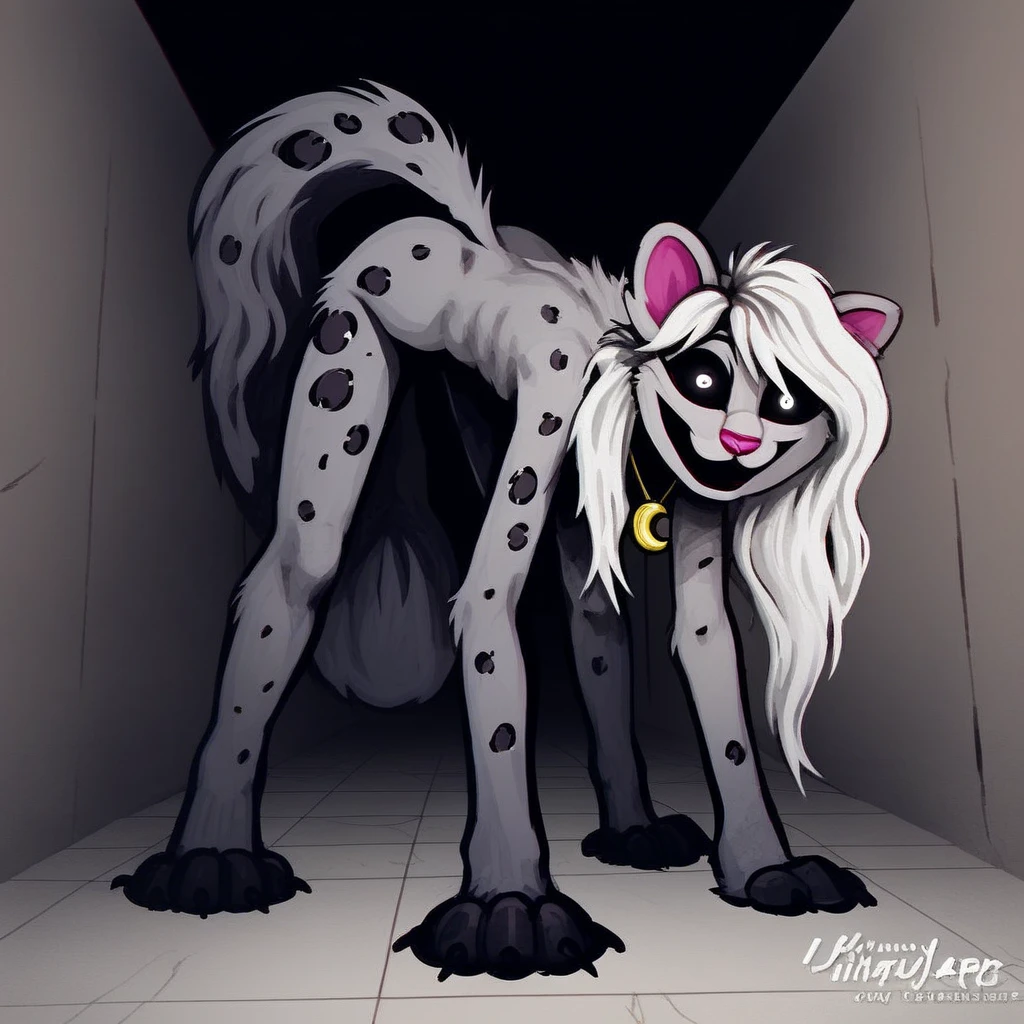 Yinglet, cute, wide hips, dynamic lighting, female, one tail, rear view, looking back, looking over shoulder, black furn