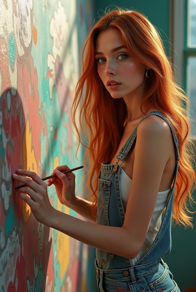 Very attractive 25 year old female with long bright pink hair, The easel, the paints, the artist, standing Full-length, Sexy cyborg woman drawing self-portrait in oil paints, french braid, 