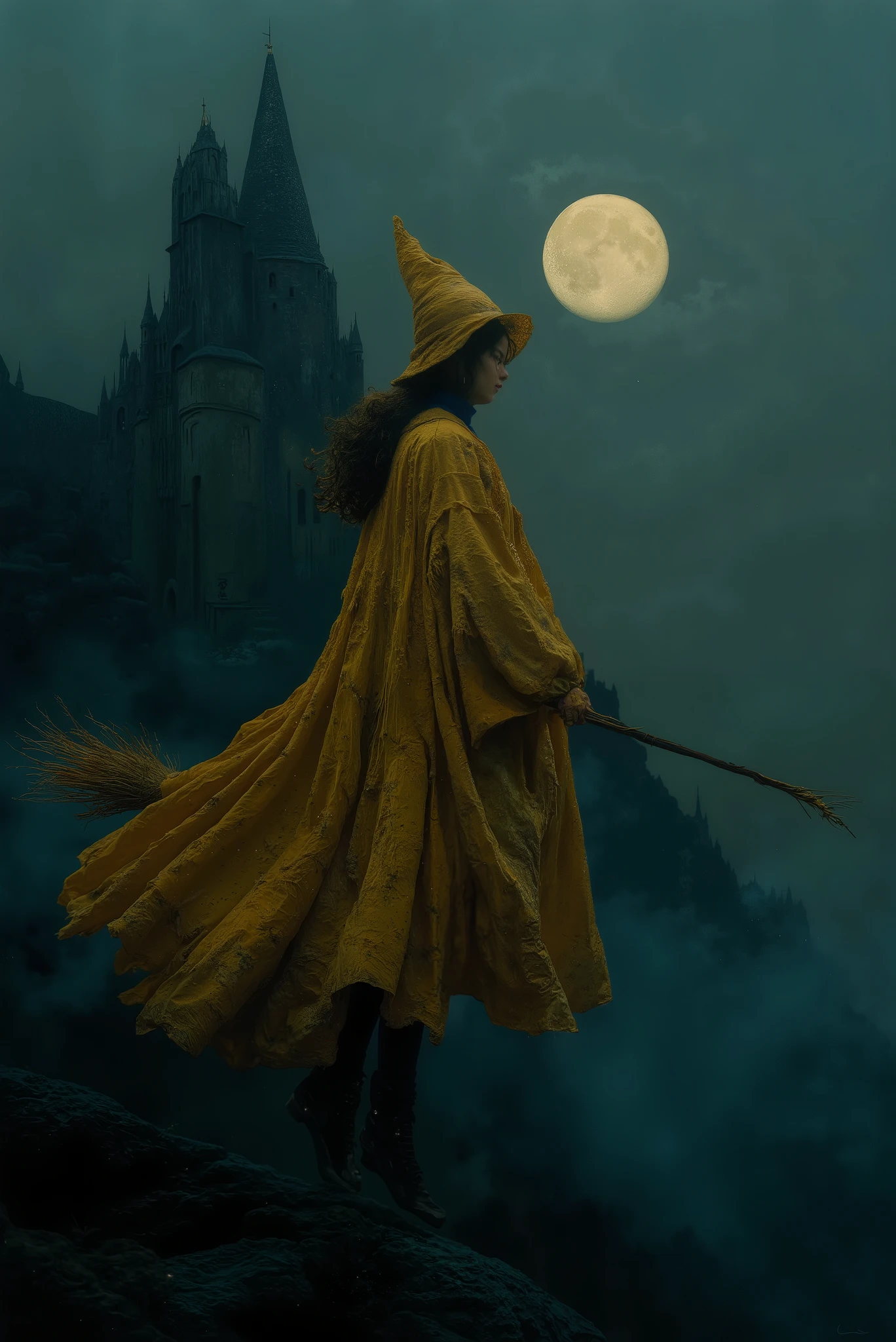 A beautiful -yeld wid girl soars gracefully through the night sky on her broomstick, illuminated by the soft glow of a full moon. She wears plain deep yellow wizard robes that flow elegantly in the wind, paired with a matching deep yellow pointy hat tilted slightly to one side, adding a playful charm. Beneath her robes, a picton blue turtleneck peeks out, offering a subtle yet vibrant contrast to her golden attire.

Her youthful face, framed by cascading locks of dark, windswept hair, reflects a quiet determination and a hint of wonder. Her broomstick, made of smooth, polished wood with neatly arranged bristles, balances her lithe figure effortlessly as she glides through the air.

Below her, a shadowy castle emerges from a blanket of mist, its spires reaching toward the heavens, adding depth and intrigue to the composition. The night sky, painted with moody clouds and faint glimmers of starlight, serves as a dramatic backdrop, amplifying the magical and enchanting atmosphere of this captivating scene