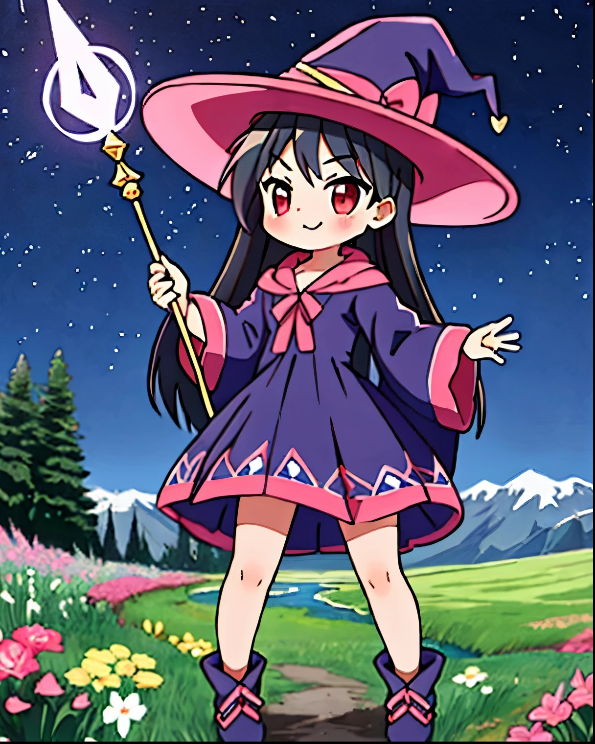 (masterpiece, best quality), intricate details,
1girl, long black straight hair, dress, purple dress, hat, witch hat, pink details on dress, wizard gloves, wizard shoes, night sky stars, field mountains and river, shrugging, smug, thicc thighs, red eyes, black hair, black hair straight, red eyes, holdin a magic legendary staff that haves a orange sparkling ball on the top edge, full body picture.