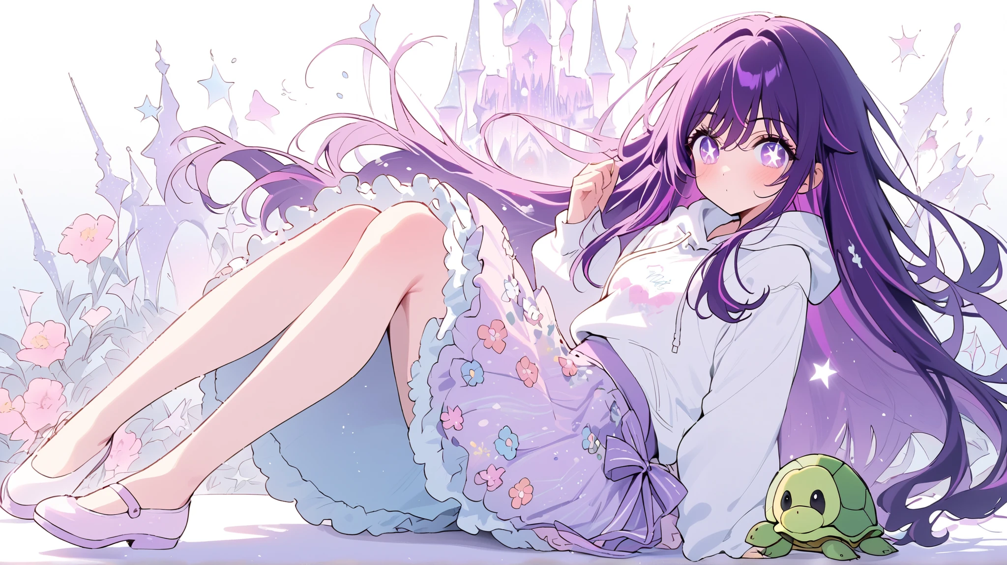 girl, Hoshino Ai, Stars in my eyes, purple long hair, white hoodie, pastel white, fluffly, Girl vs, Floral floral dress, full body Esbian, Pastel colors hair, fairytale-like, Fringed skirt design, tmasterpiece, best qualtiy,Shining eyes、Cute Turtle!